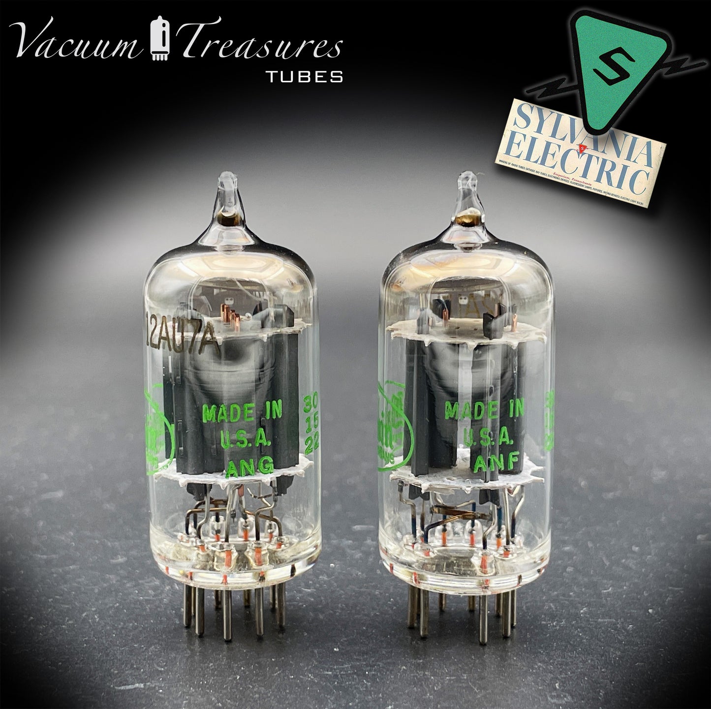 12AU7A / ECC82 NOS Baldwin by SYLVANIA Long Gray Plates Halo Getter Matched Pair Tubes Made in USA '60s
