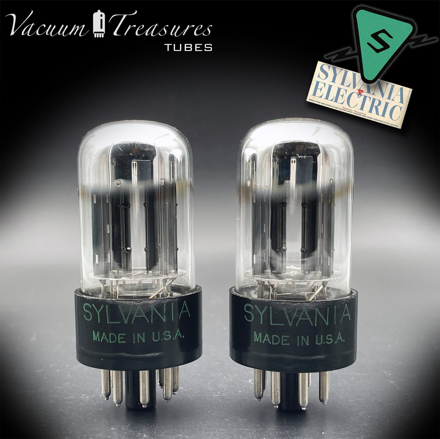 6SN7GTB NOS SYLVANIA CHROME TOP Green Dot Matched Pair Black Plates Tubes USA '50s