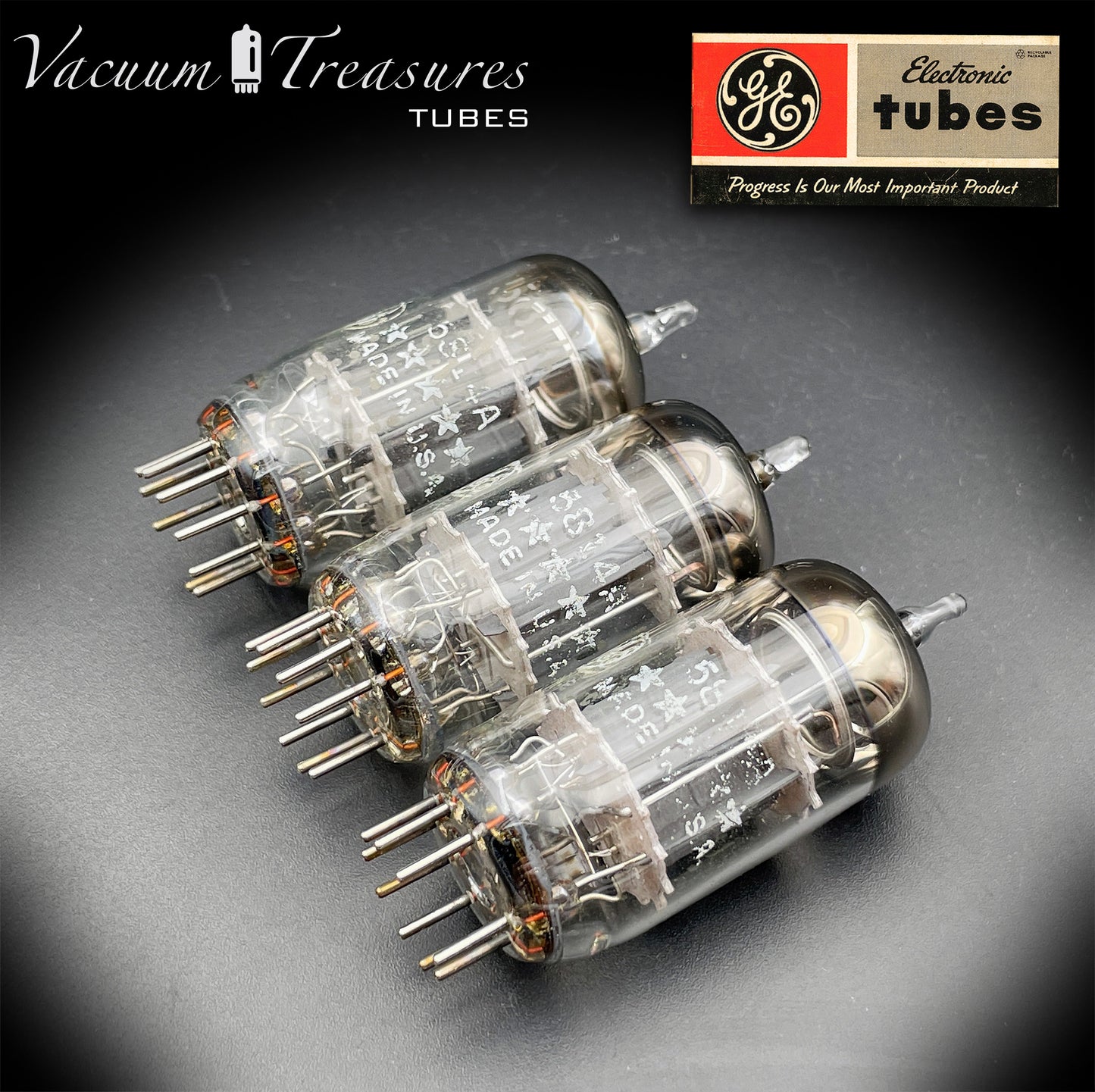 5814A / 12AU7WA / E82CC GE Five Stars Matched Trio Gray Plates Disc Getter Made in USA '66