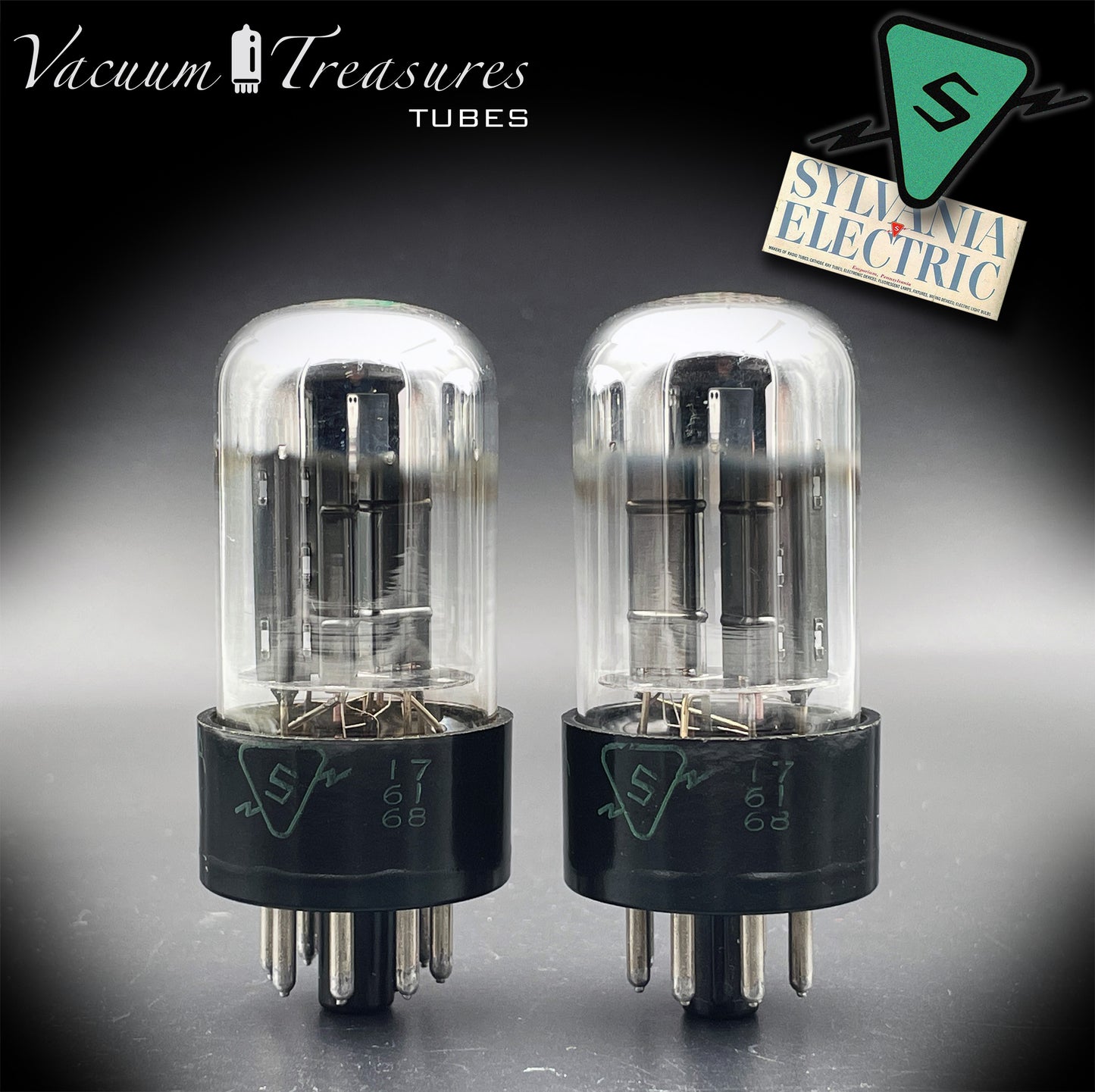 6SN7GTB NOS SYLVANIA CHROME TOP Green Dot Matched Pair Black Plates Tubes USA '50s