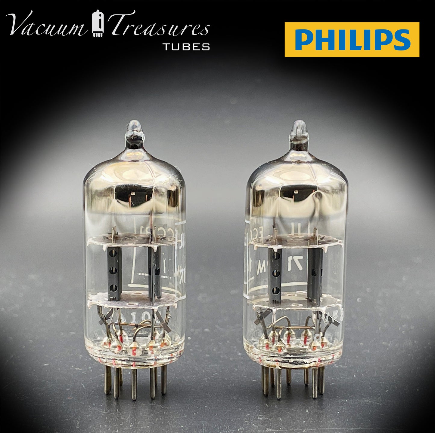 12AT7 ( ECC81 ) NOS NIB PHILIPS by Mullard, Blackburn Plant, Wing Gray Plates Halo Getter Matched Pair Tubes MADE IN GT. BRITAIN