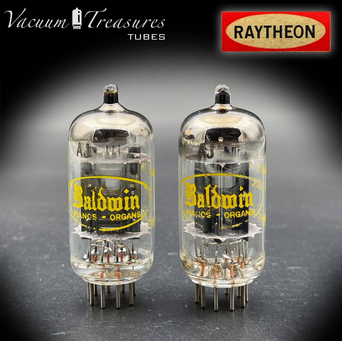 12AU7A / ECC82 NOS Baldwin by RAYTHEON Matched Pair Tubes Long Black Plates Halo Getter Made in USA '61