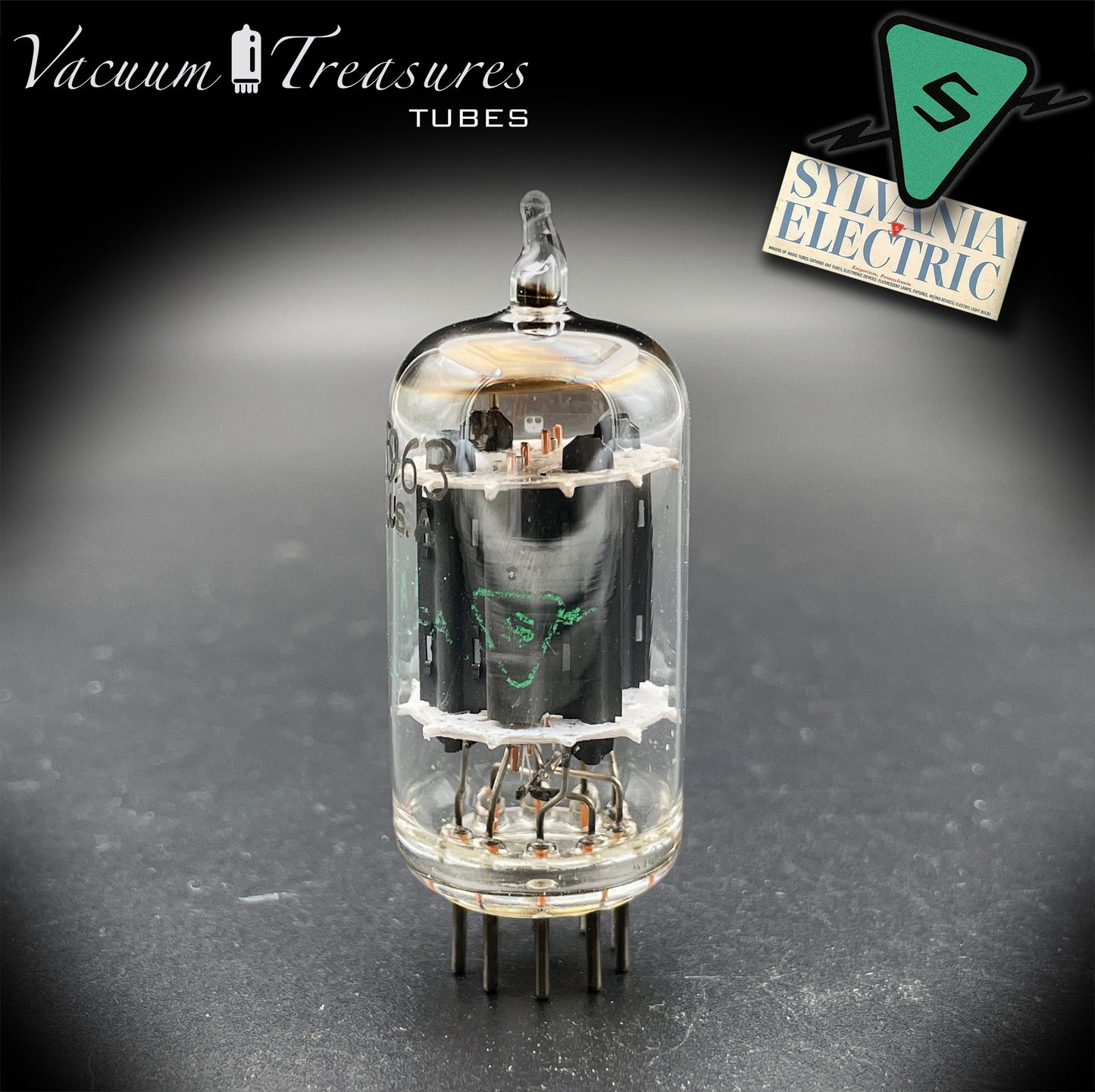 5963 ( 12AU7 ) SYLVANIA Halo Getter Long Plates Tested Tube Made in USA '50s