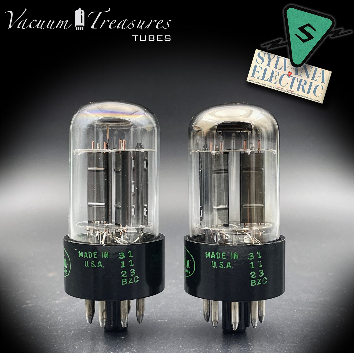 6SN7GTB Baldwin by SYLVANIA Matched Pair Black Plates Tubes - Same Codes - Made in USA '61