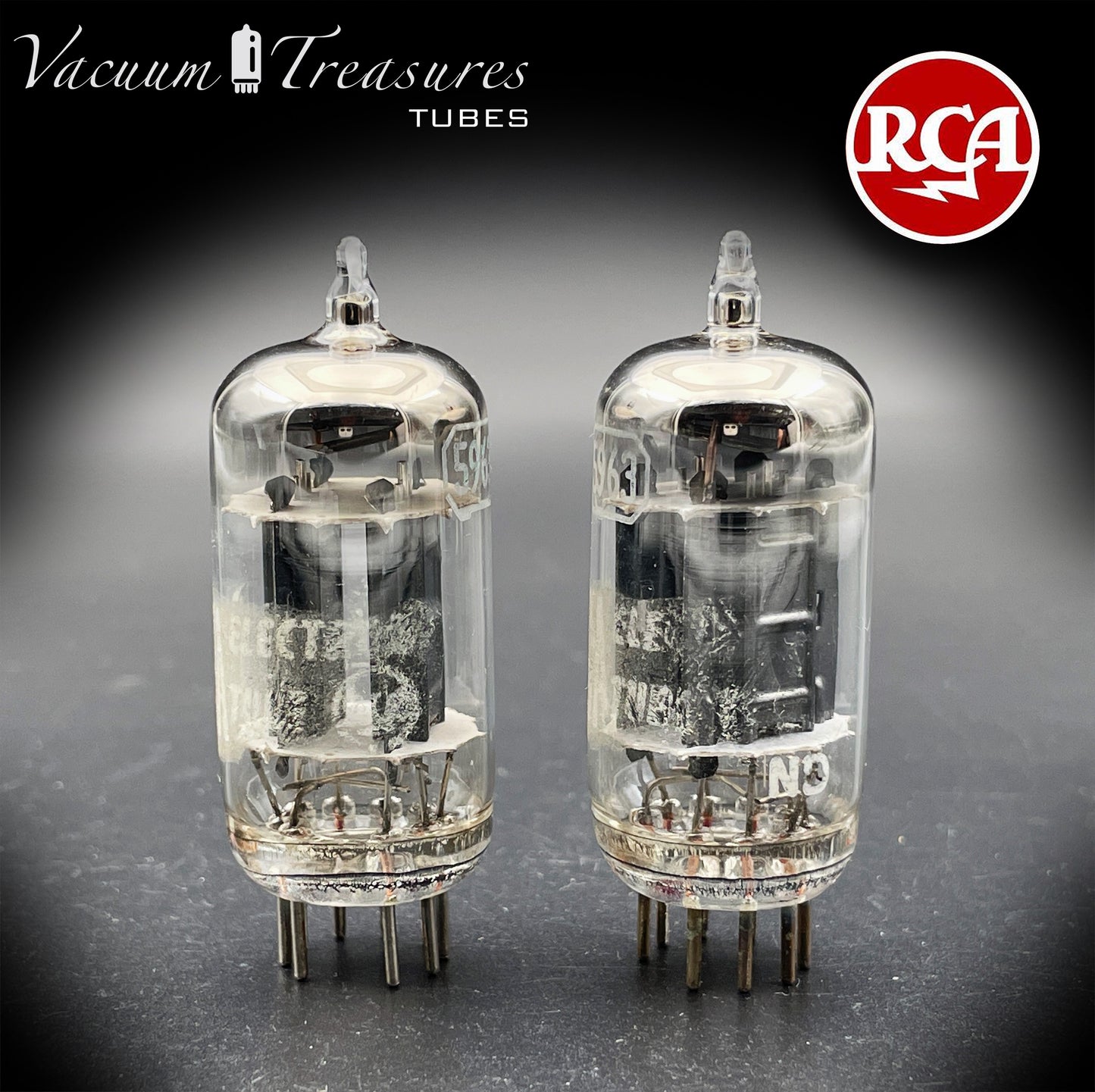 5963 ( 12AU7 ) RCA Matched Pair Long Black Plates Foil Getter AMPLITREX Tested