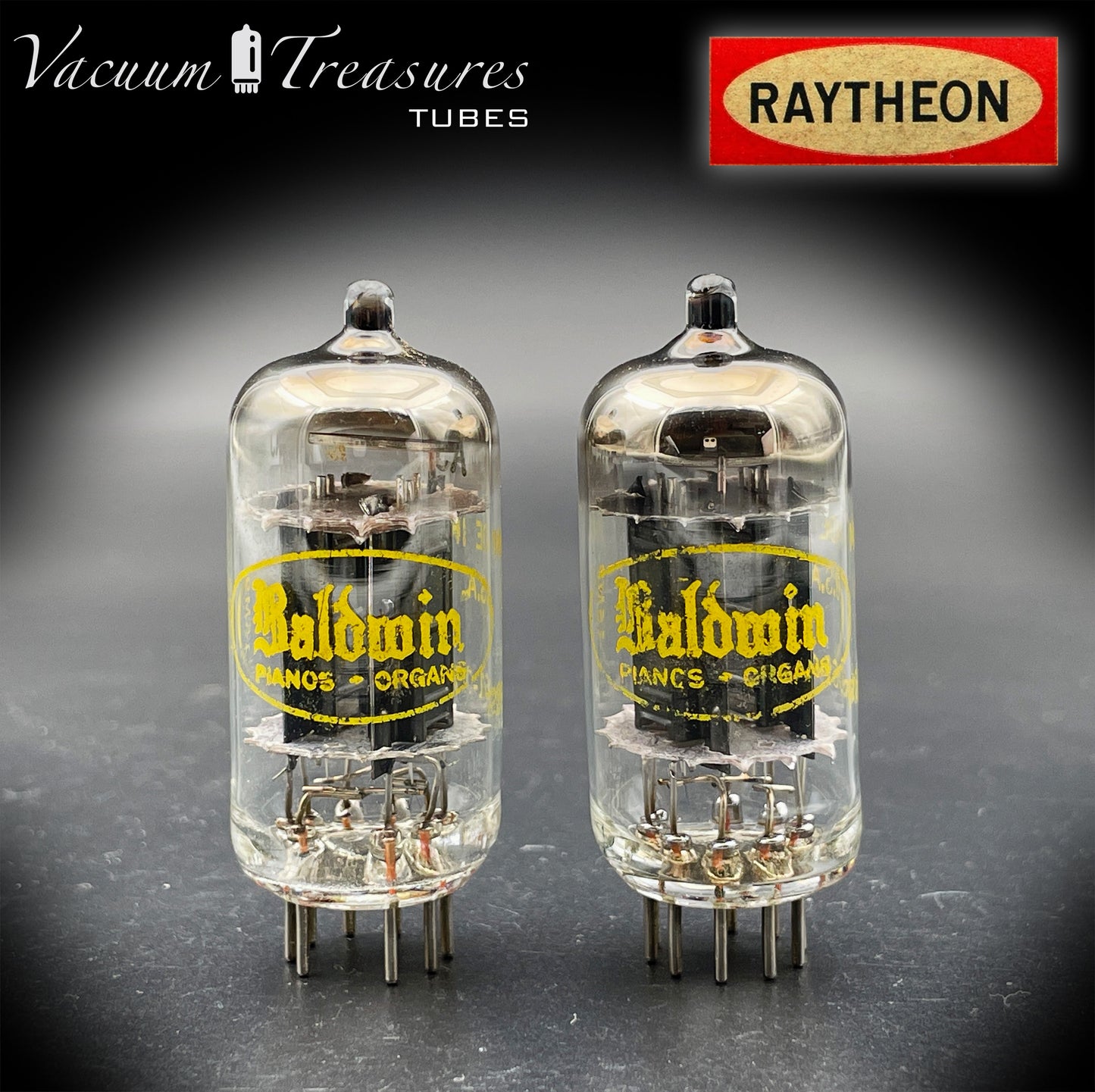 12AU7A / ECC82 NOS Baldwin by RAYTHEON Matched Pair Tubes Long Black Plates Halo Getter Made in USA '61