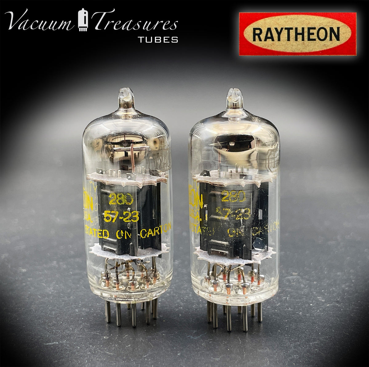 12AU7 / ECC82 RAYTHEON Matched Pair Long Black Plate Square Getter Tested Tubes USA '57