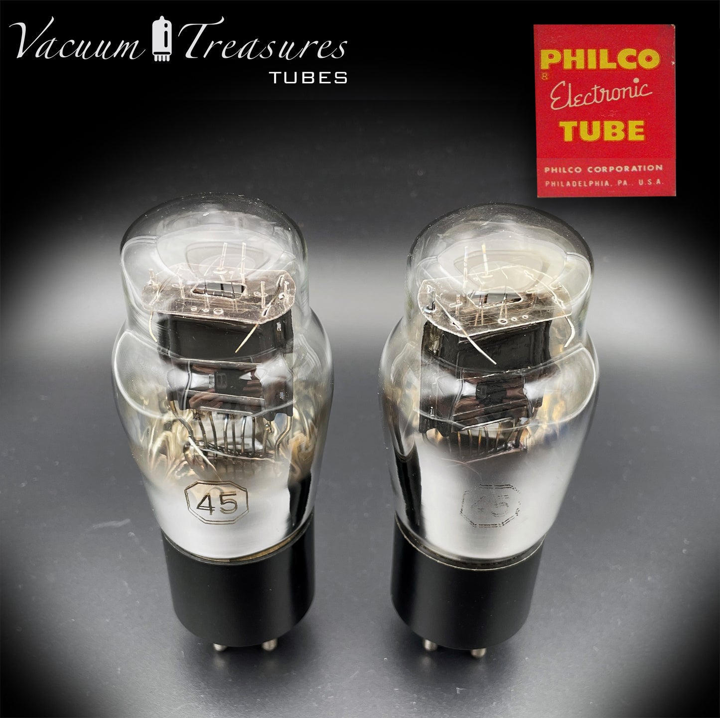 45 ST PHILCO NOS Black Plates Foil Dimpled Getter Matched Pair Tubes Made in USA 1930's