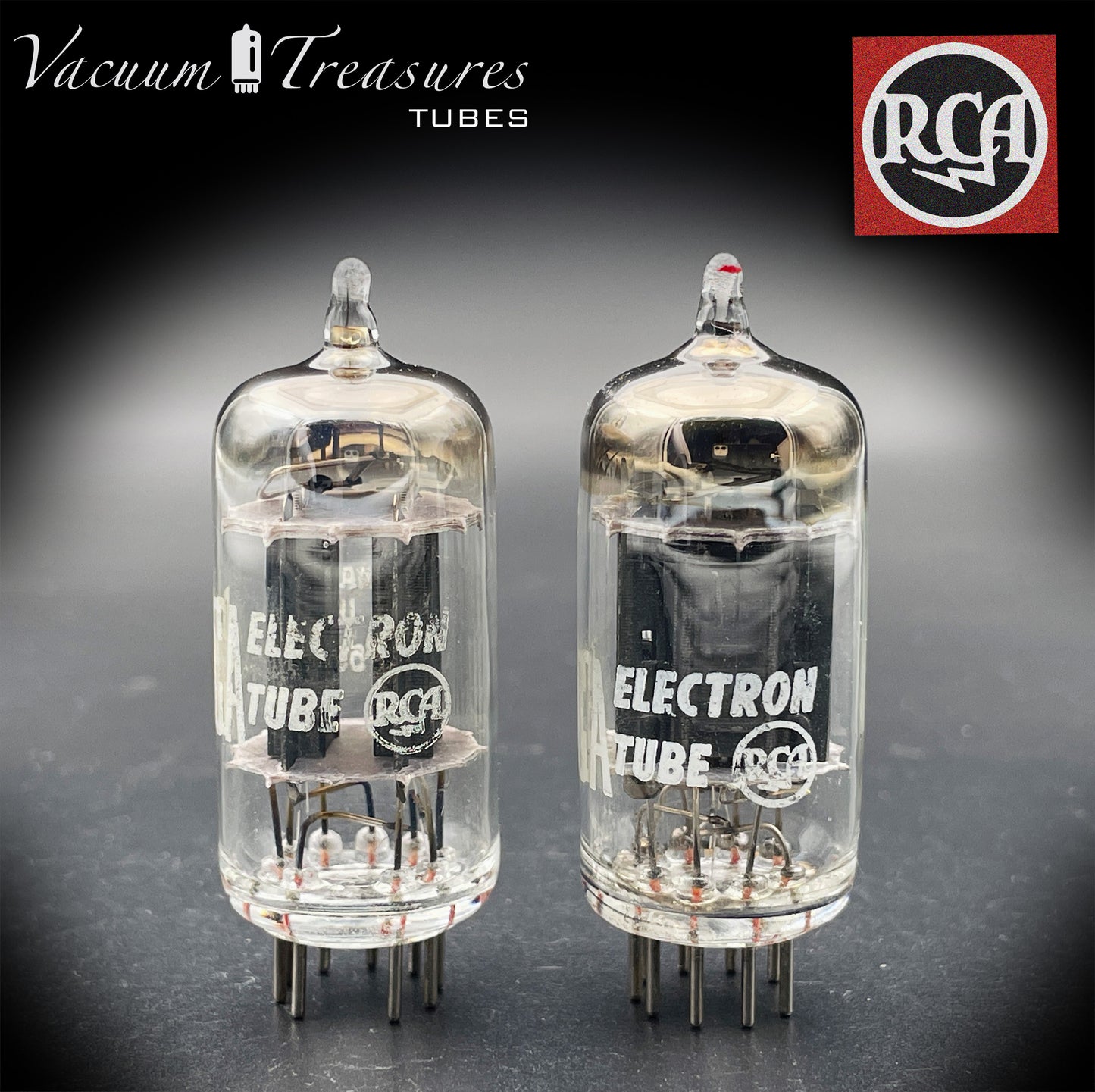 12AX7 / ECC83 RCA Matched Pair Long Black Plates Square Tilt getter Made in USA '58