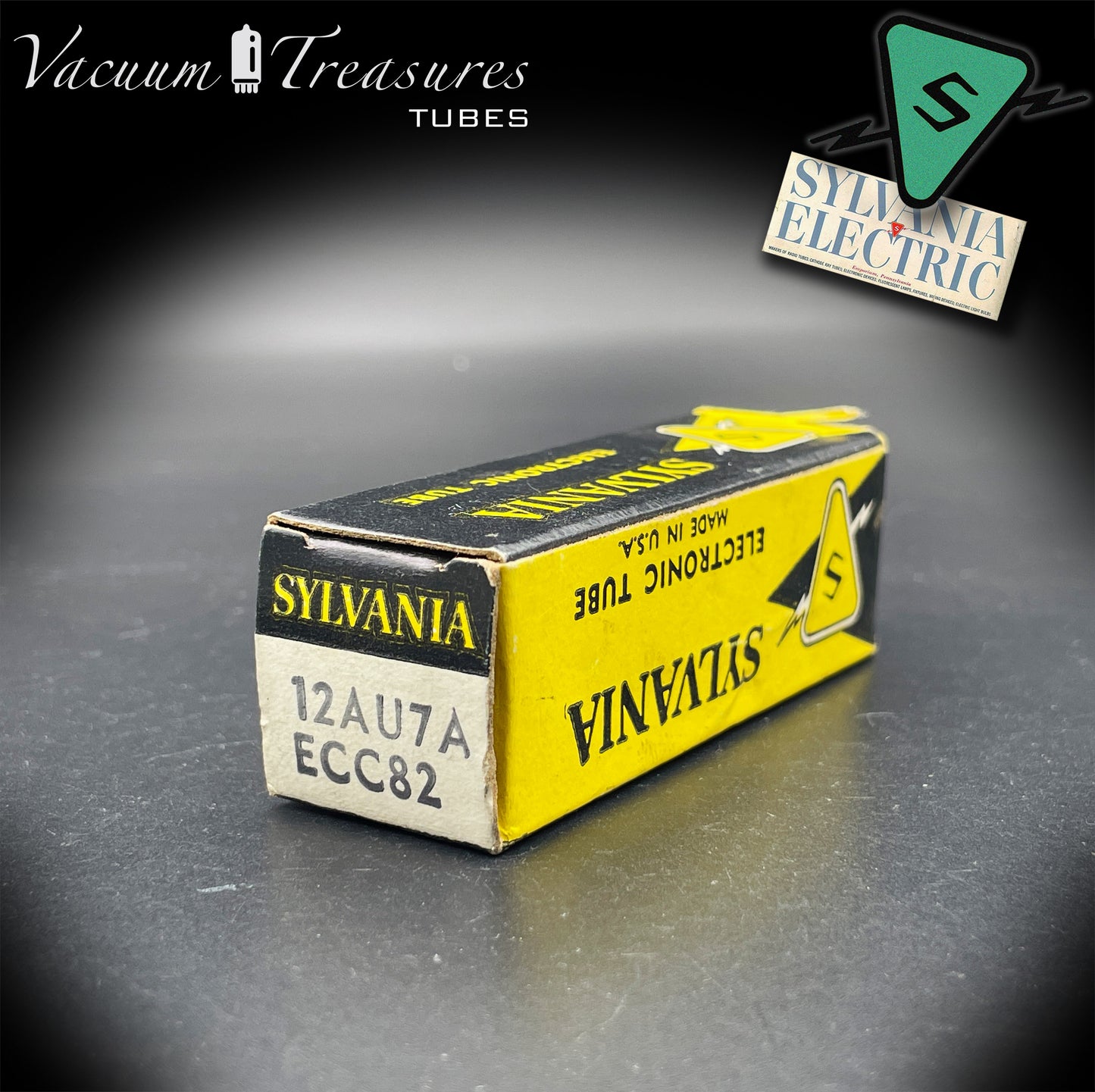 12AU7 / ECC82 NOS NIB SYLVANIA 3 Mica Short Gray Plates Square Getter AMPLITREX Tested Tube