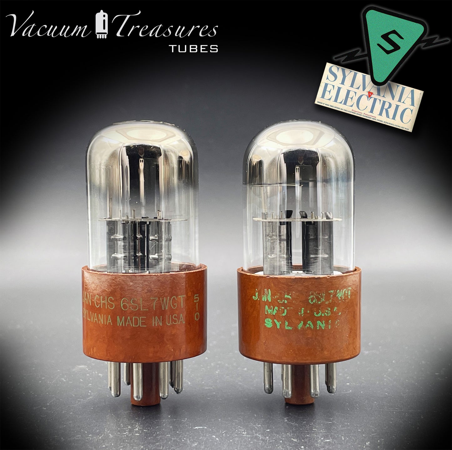 JAN-CHS 6SL7WGT NOS NIB SYLVANIA Brown Base Square Getter AMPLITREX Tested Pair Made in USA '50s
