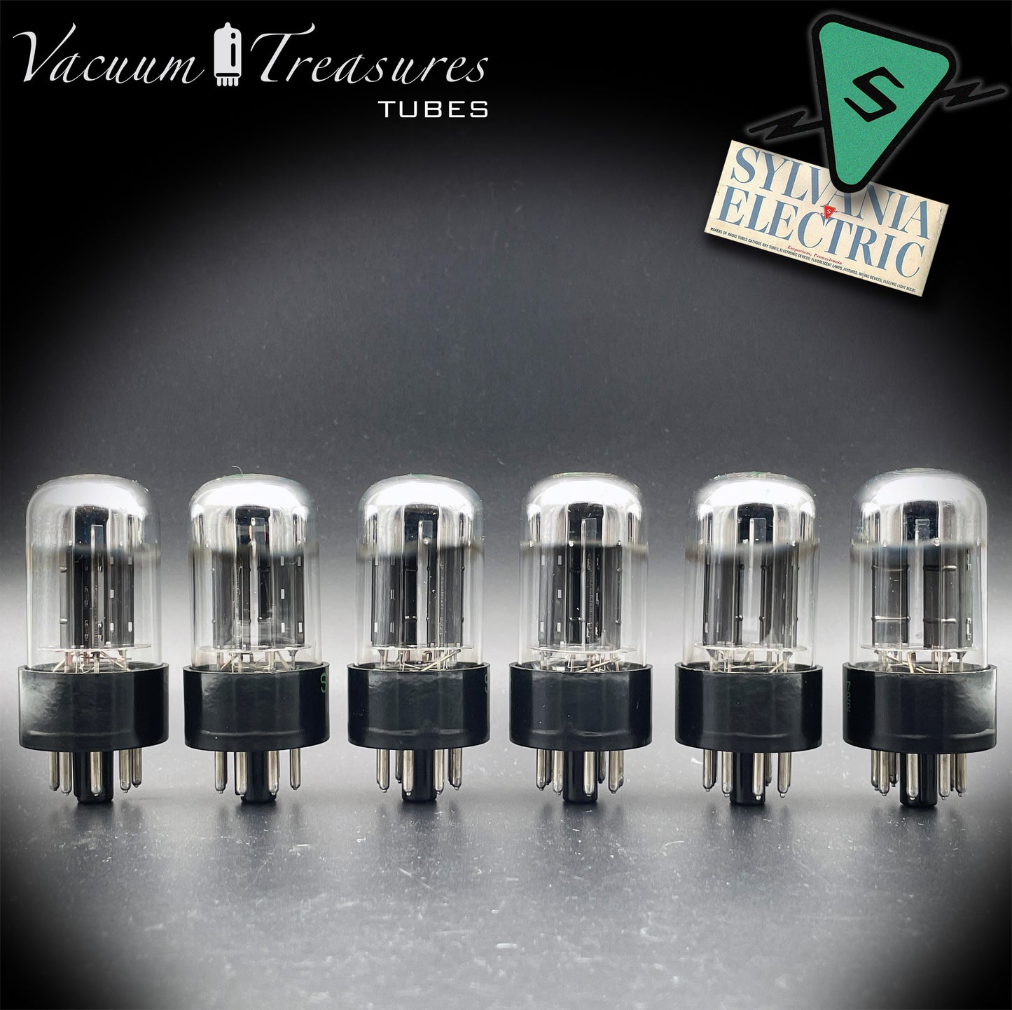 6SN7GTB NOS SYLVANIA CHROME TOP Green Dot Matched Sextet Black Plates Tubes USA