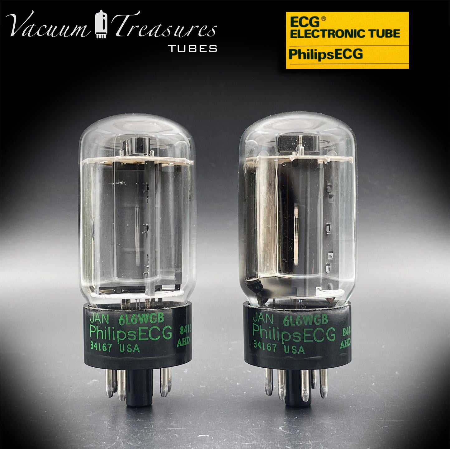 JAN 6L6WGB PHILIPS ECG Matched Pair Gray Plates Side Halo Getter AMPLITREX Tested – Same Date Code – NOS NIB