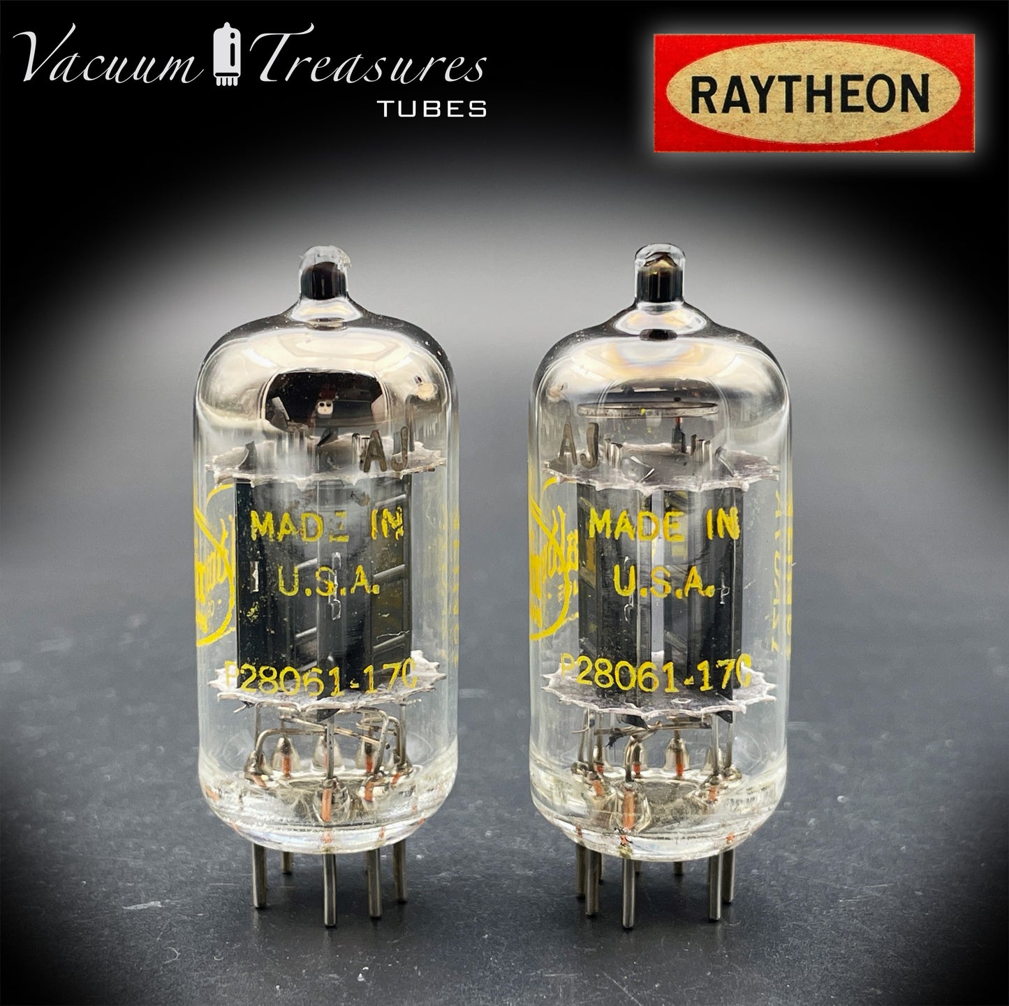 12AU7A / ECC82 NOS Baldwin by RAYTHEON Matched Pair Tubes Long Black Plates Halo Getter Made in USA '61