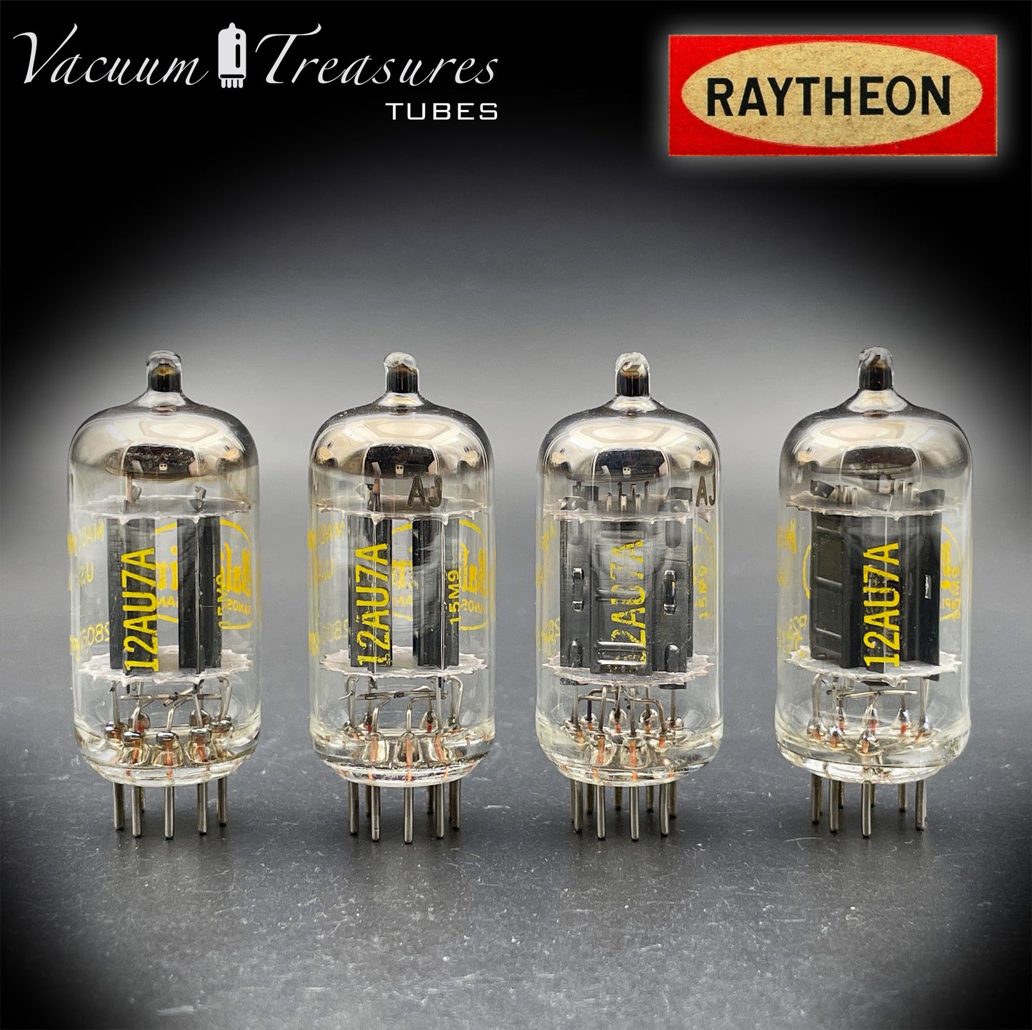 12AU7A / ECC82 NOS Baldwin by RAYTHEON Matched Quad Tubes Long Black Plates Halo Getter Made in USA '61