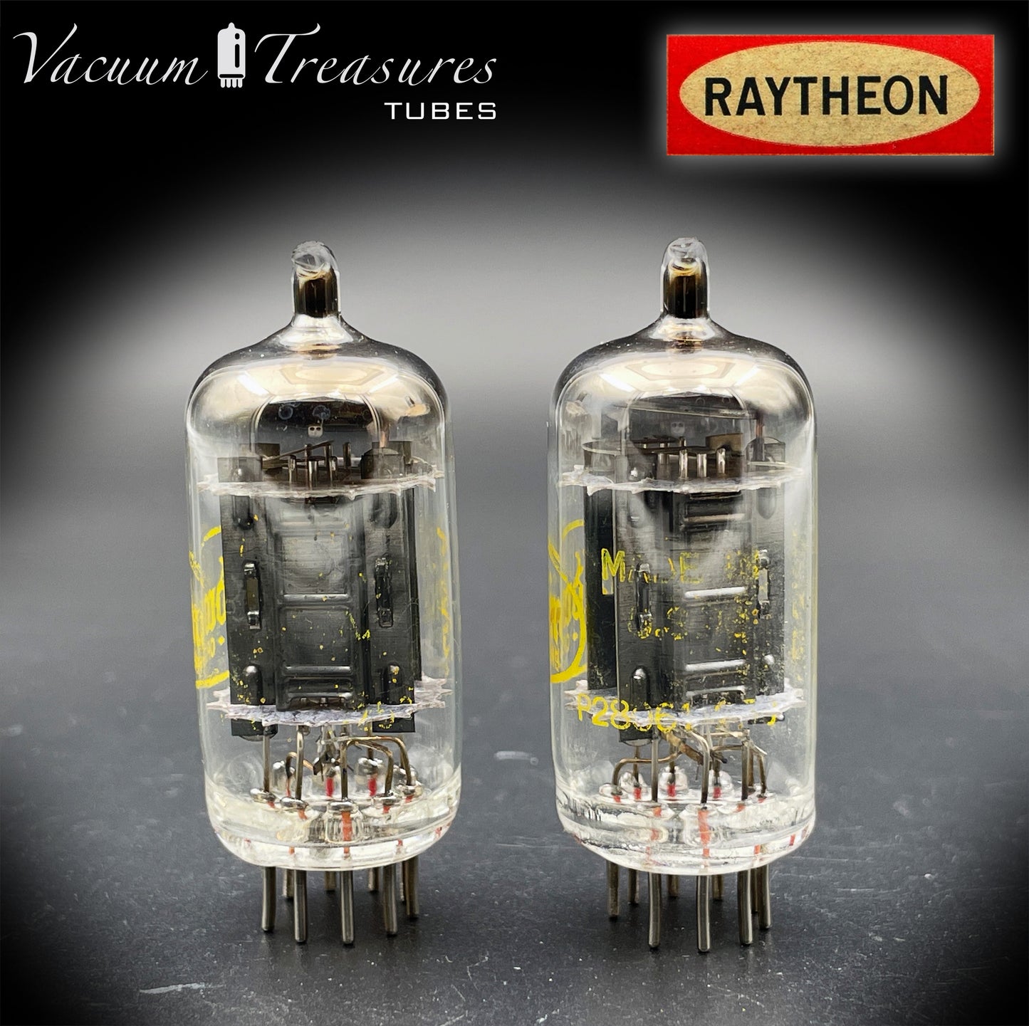 12AX7A ECC83 Baldwin RAYTHEON Matched Pair Tubes – Long Black Plates Halo Getter USA 1960s