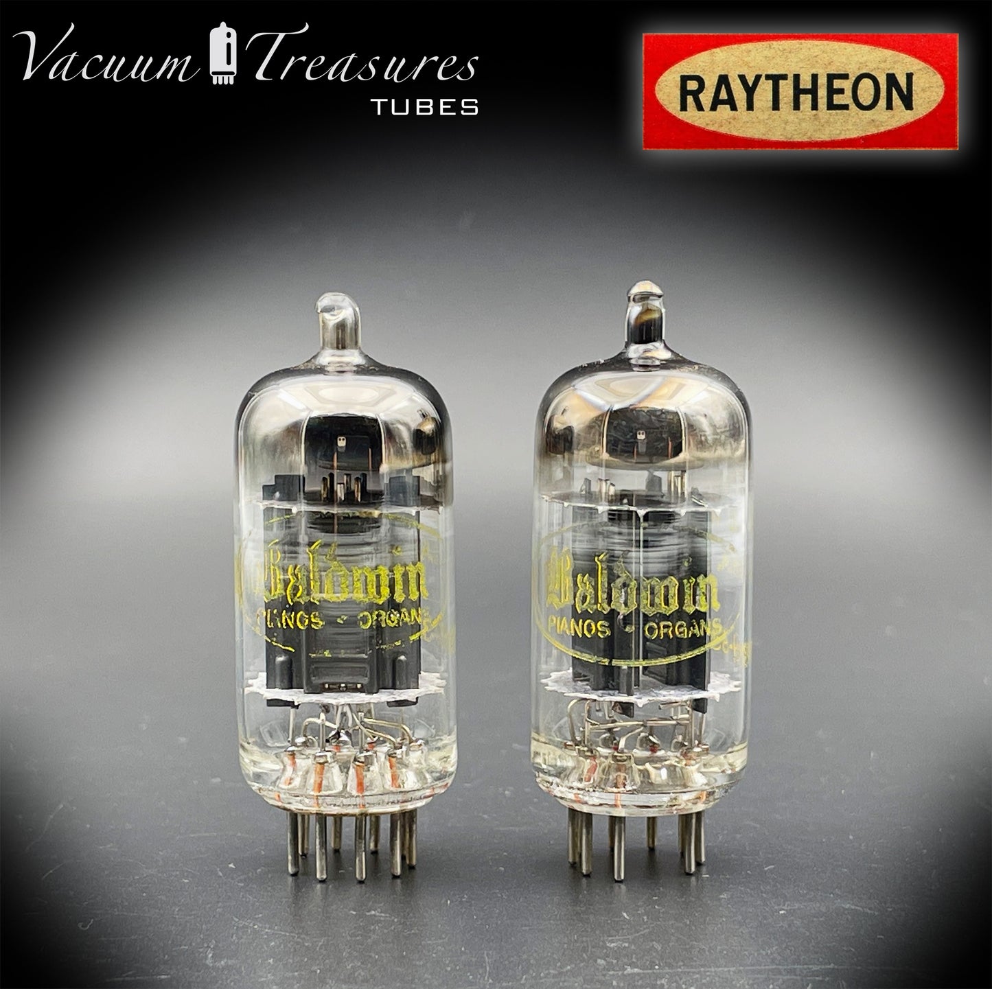 12AU7 ( ECC82 ) NOS RAYTHEON for Baldwin Long Black Plates Halo Getter Matched Tubes Made in USA '59