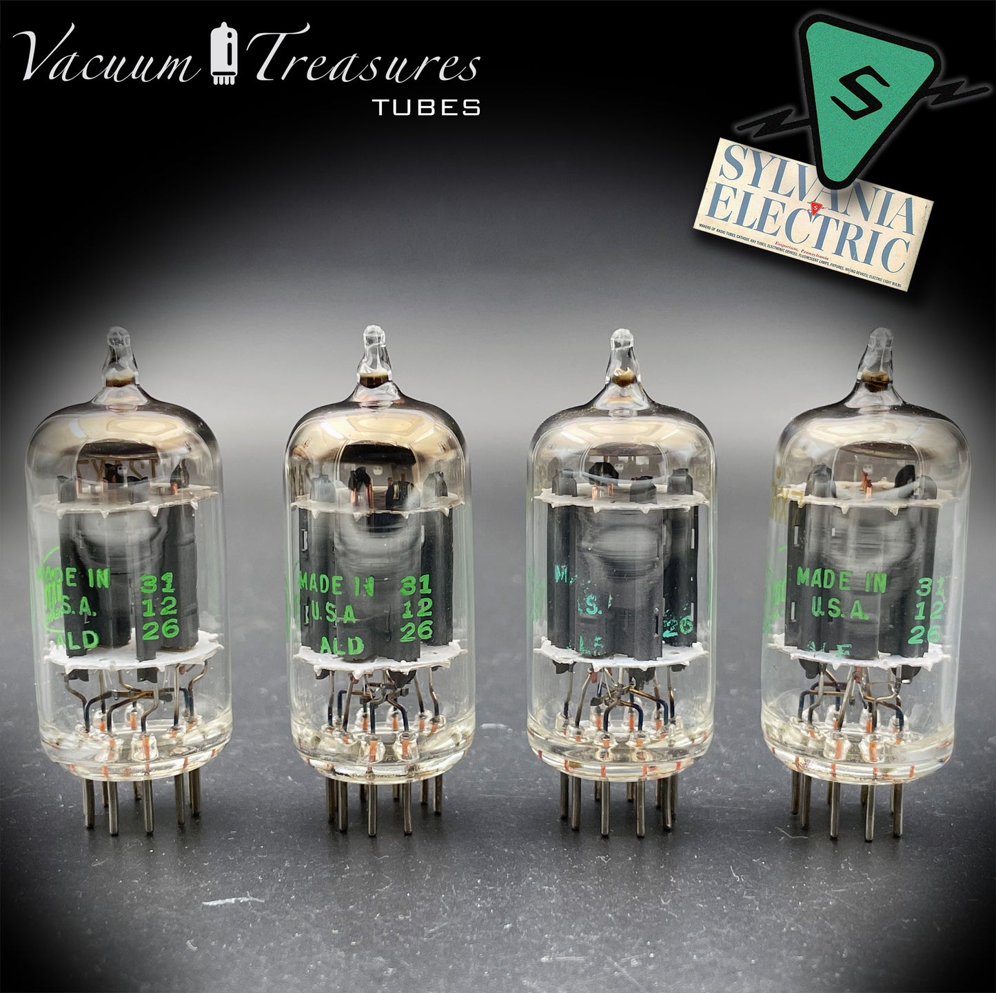12AX7 ECC83 NOS Baldwin by Sylvania – Low Noise Matched Quad – Long Gray Plates Halo Getter USA 1951