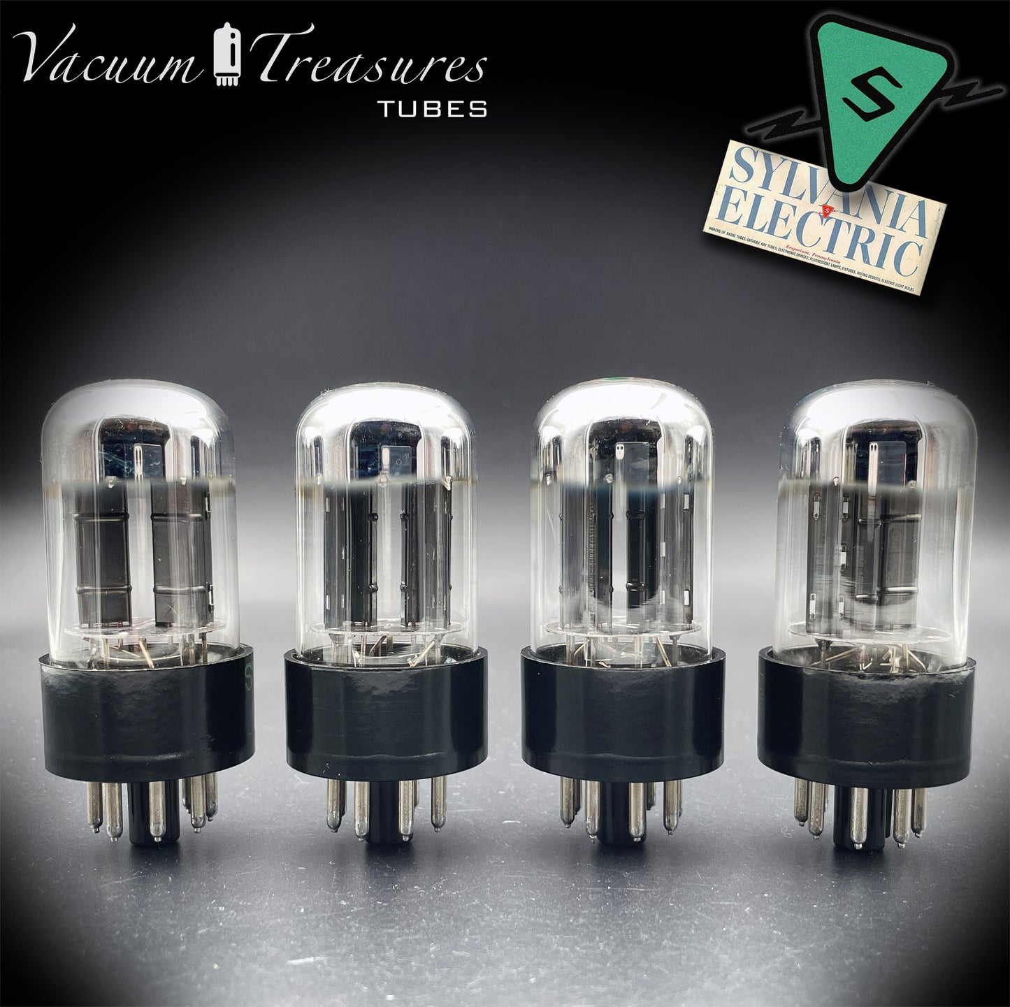 6SN7GTB NOS SYLVANIA CHROME TOP Green Dot Matched Quad Black Plates Tubes USA '50s