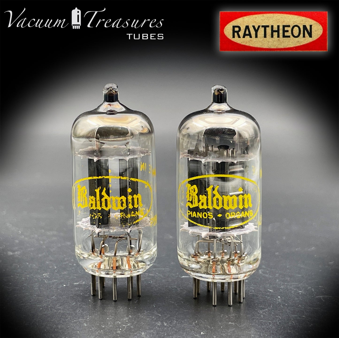12AU7A / ECC82 NOS Baldwin by RAYTHEON Matched Pair Tubes Long Black Plates Halo Getter Made in USA '61