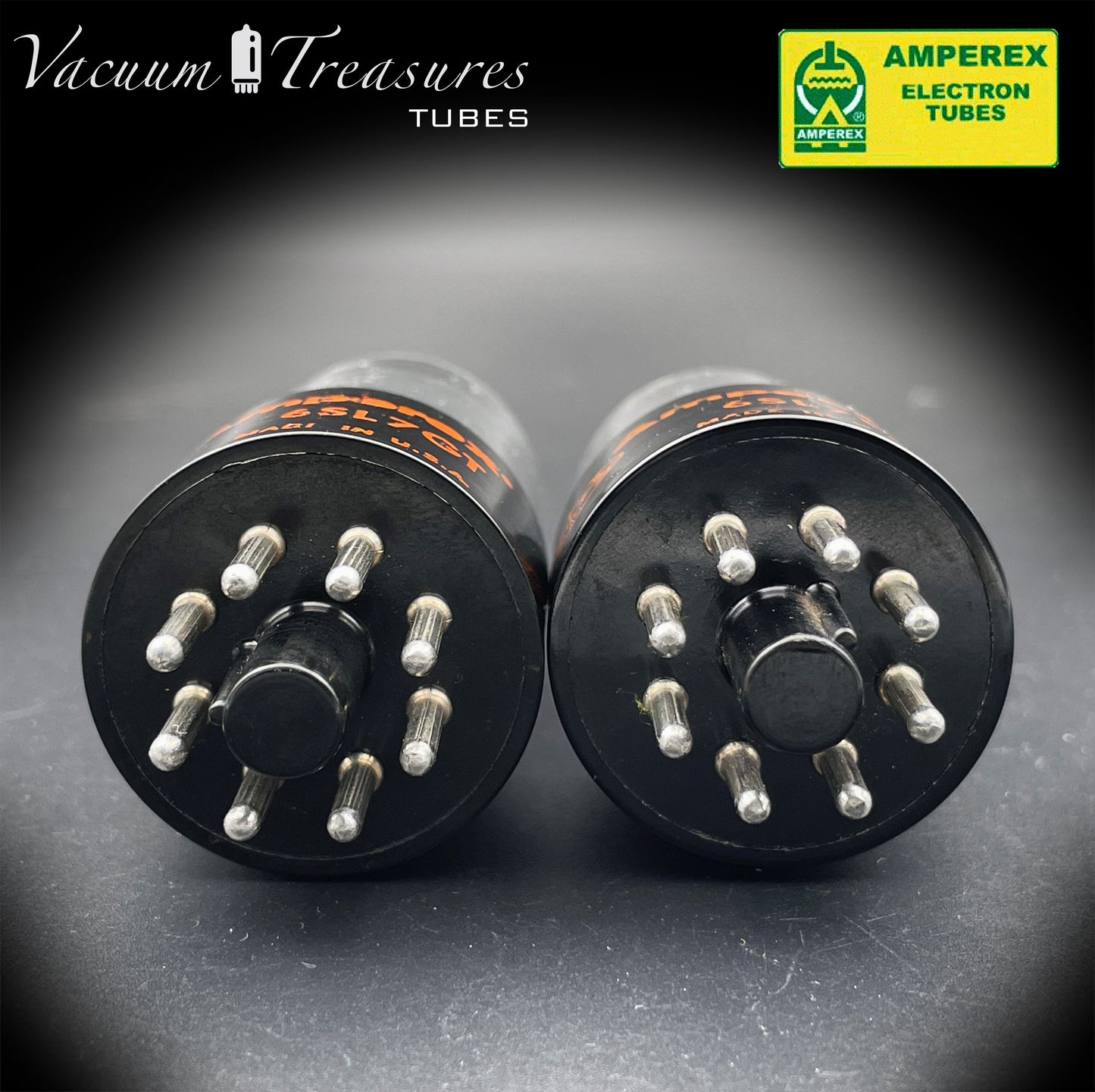 6SL7GT AMPEREX GLOBE AMPLITREX Tested Pair Black Plates Square Getter Tubes USA 60s