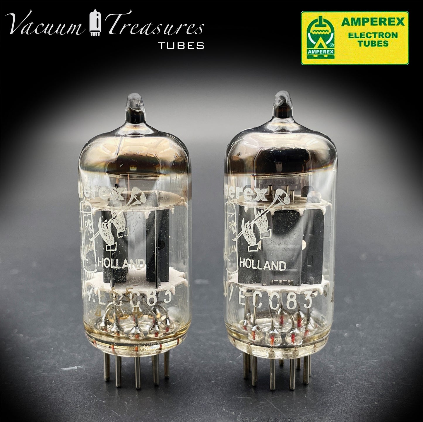 12AX7 / ECC83 NOS AMPEREX Bugle Boy Matched Pair Short plates Same Date Codes Tubes MADE IN HOLLAND '67