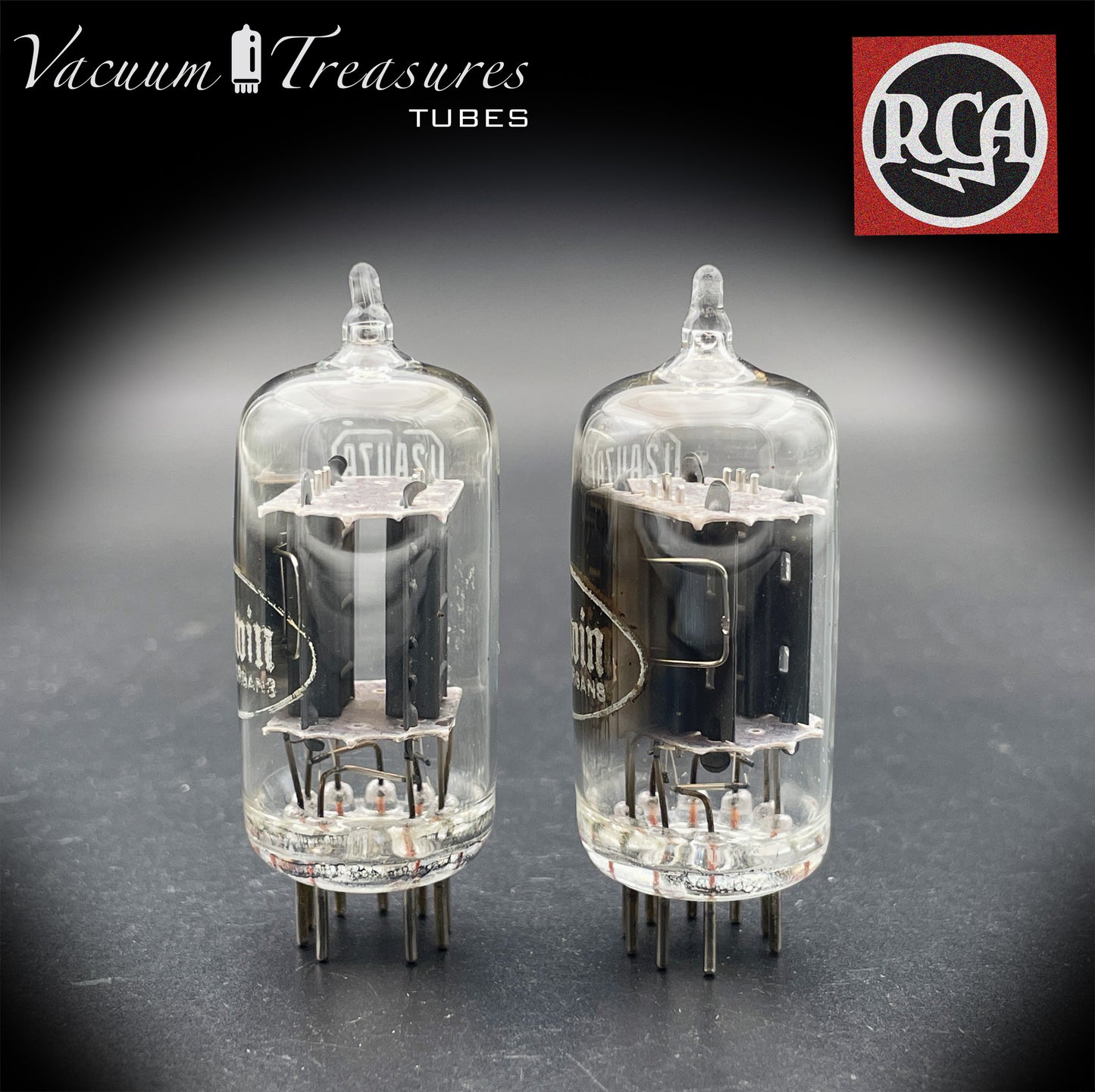 12AU7 / ECC82 Baldwin by RCA AMPLITREX Matched Pair Clear Top Long Gray Plates Side D Getter Tubes
