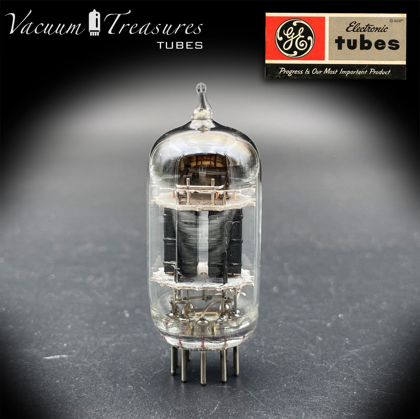 5751 GE NOS Triple Mica Black Plates Square Getter Amplitrex Tested Tube Made in USA '50s