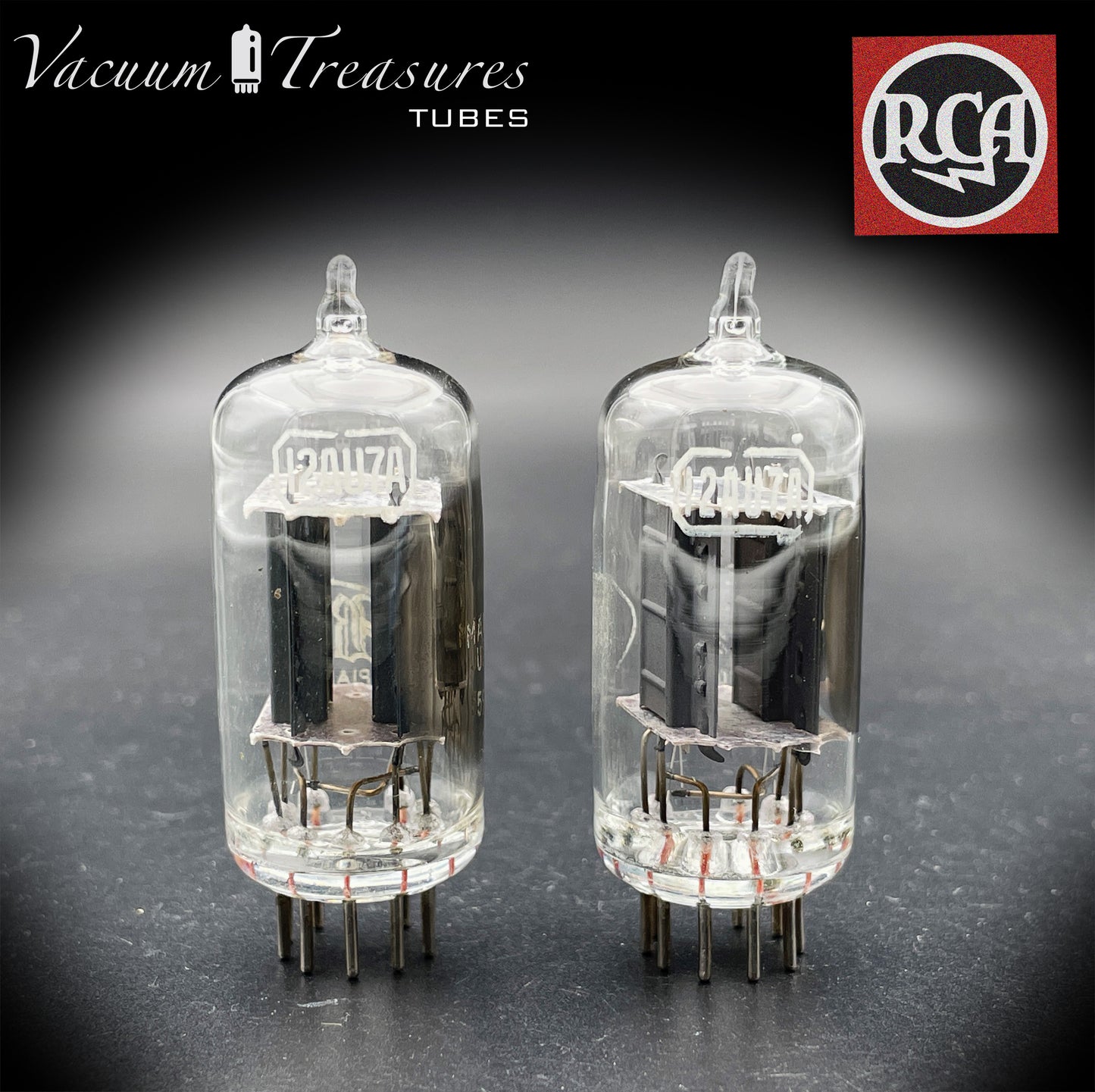 12AU7 / ECC82 Baldwin by RCA AMPLITREX Matched Pair Clear Top Long Gray Plates Side D Getter Tubes