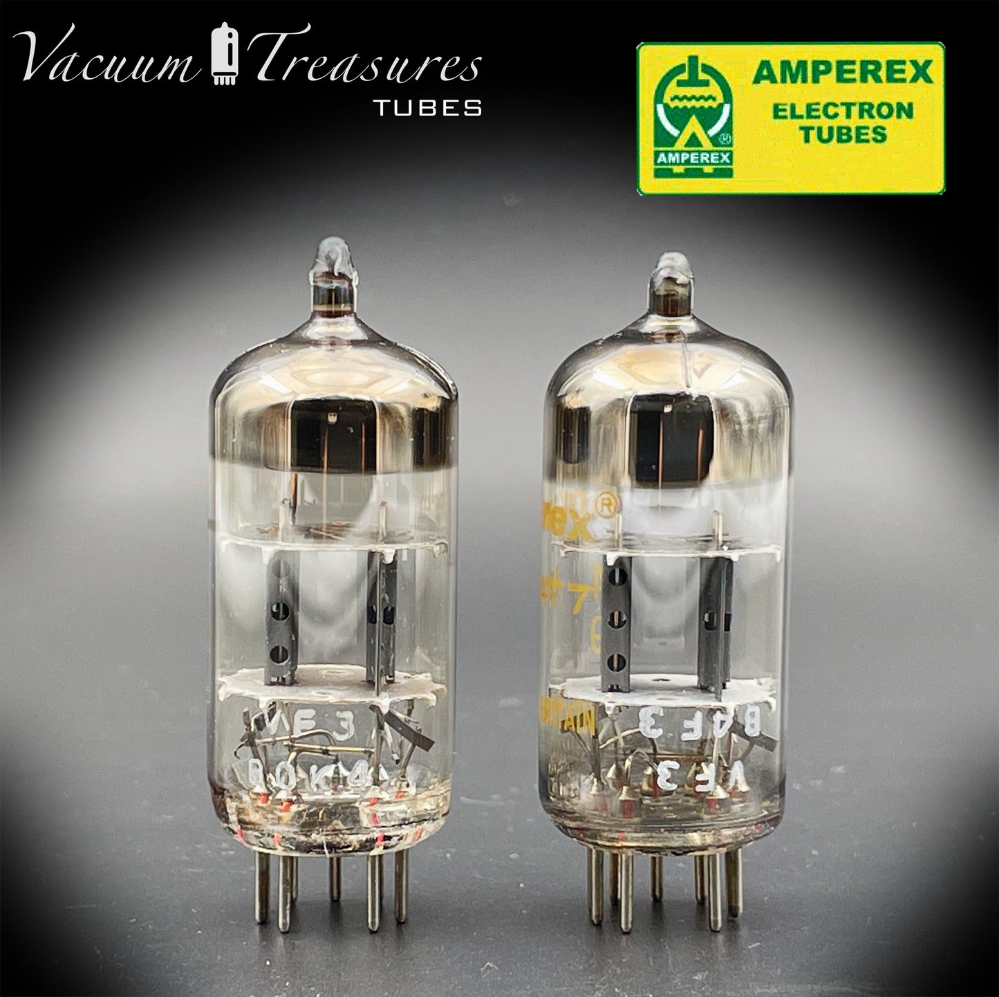 12AT7 ( ECC81 ) NOS NIB AMPEREX by Mullard, Blackburn Plant, Wing Gray Plates Halo Getter Matched Pair Tubes MADE IN GT. BRITAIN