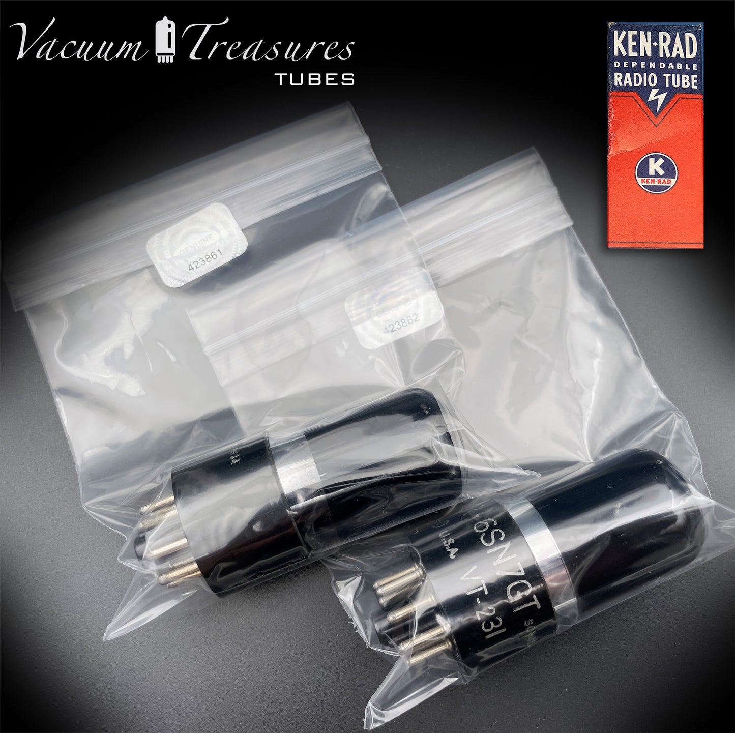 6SN7GT VT-231 KEN-RAD Black Plates Black Glass Foil Getter – Matched Pair – Made in USA anni ’40