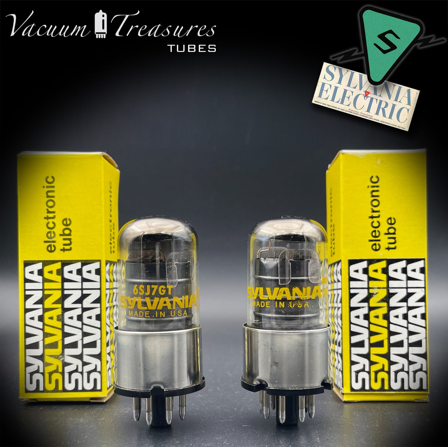 6SJ7GT SYLVANIA Matched Pair Metal Base Black Plates Halo Getter Made in USA '60s