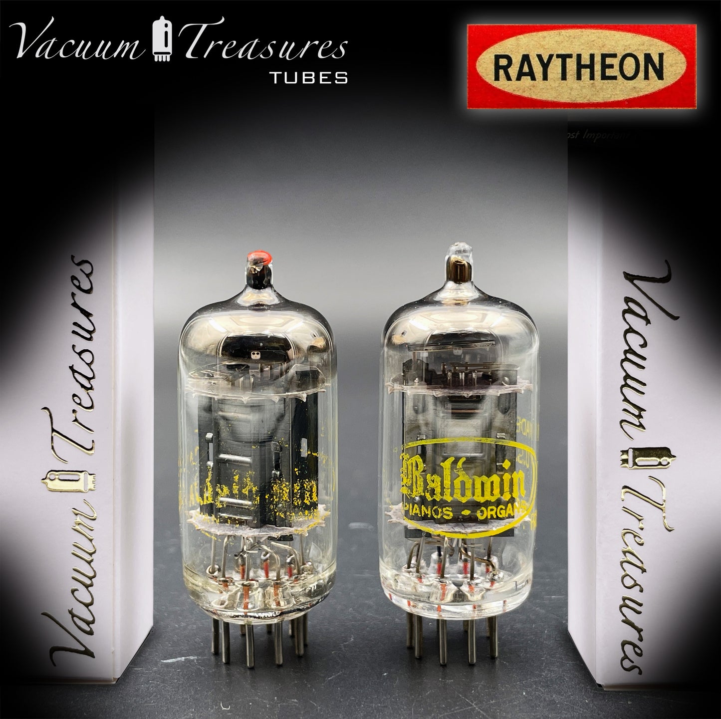 12AX7A ECC83 Baldwin Raytheon Matched Pair Tubes – Long Black Plates Halo Getter USA 1960s