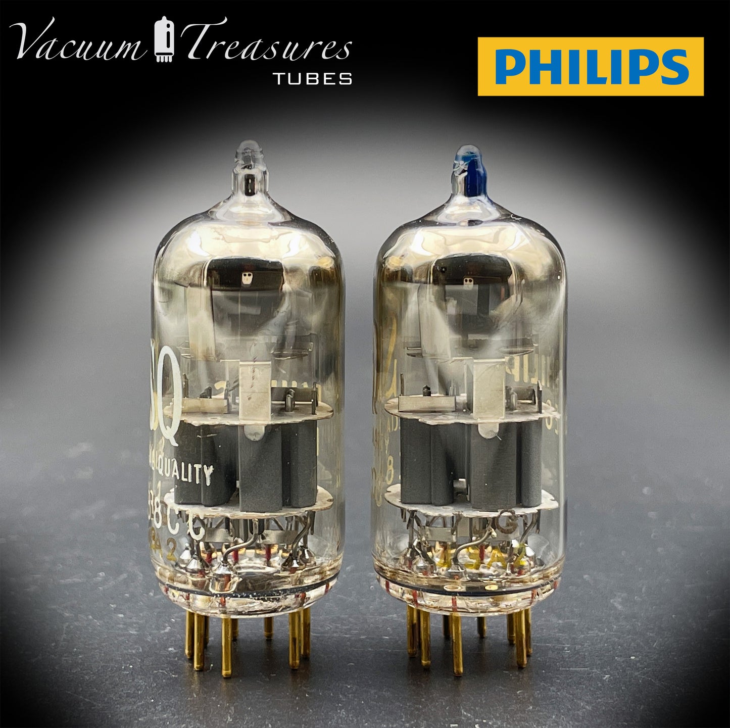 E88CC ( 6922 ) PHILIPS Special Quality Matched Pair Halo Getter Gold Pin Tubes Made in Holland '63