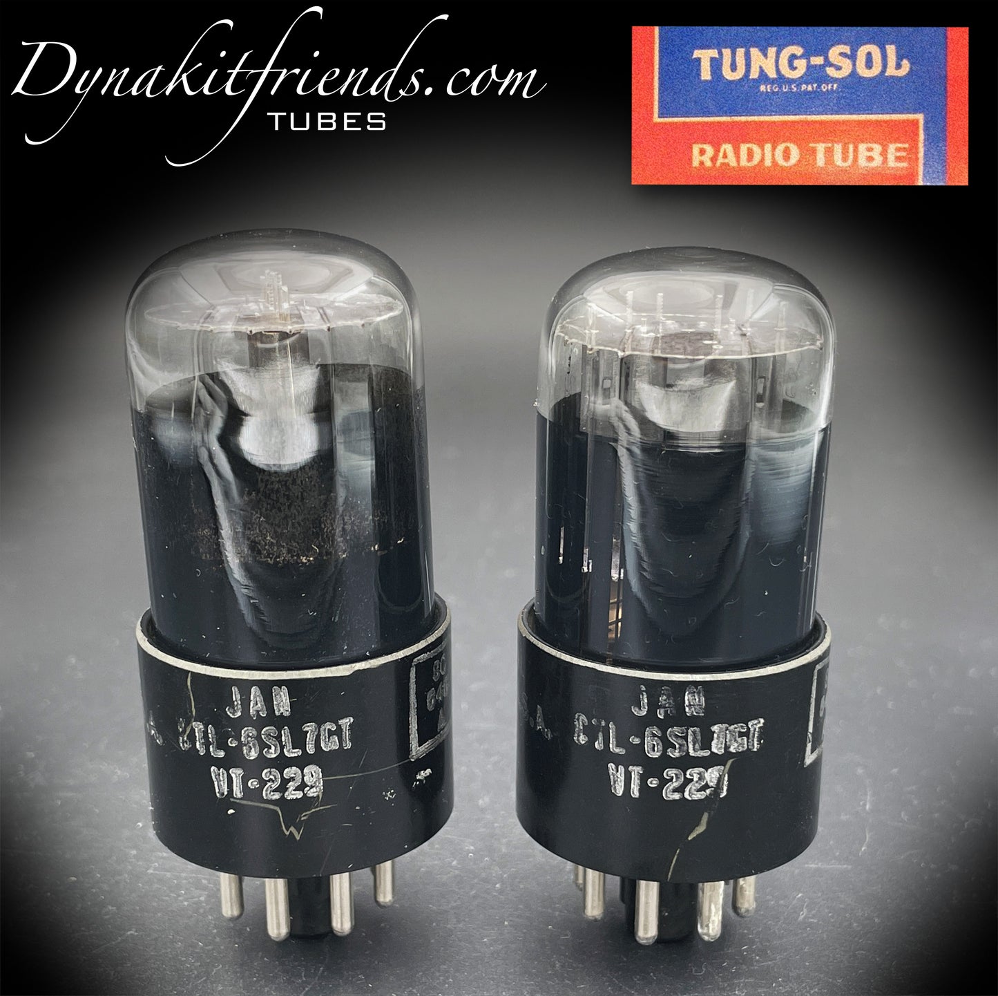 6SL7 GT ( VT-229 ) TUNG-SOL JAN CTL Black Glass Black Round Plates Matched Tubes Made in USA '50s