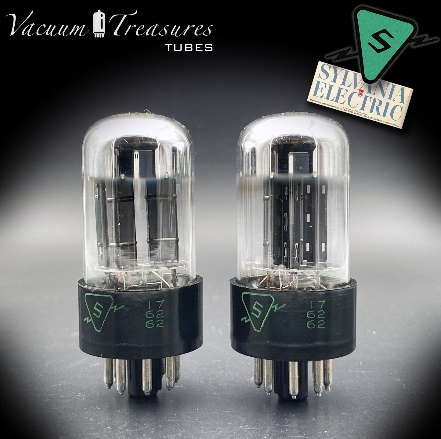 6SN7GTB NOS SYLVANIA CHROME TOP Green Dot Matched Pair Black Plates Tubes USA '50s