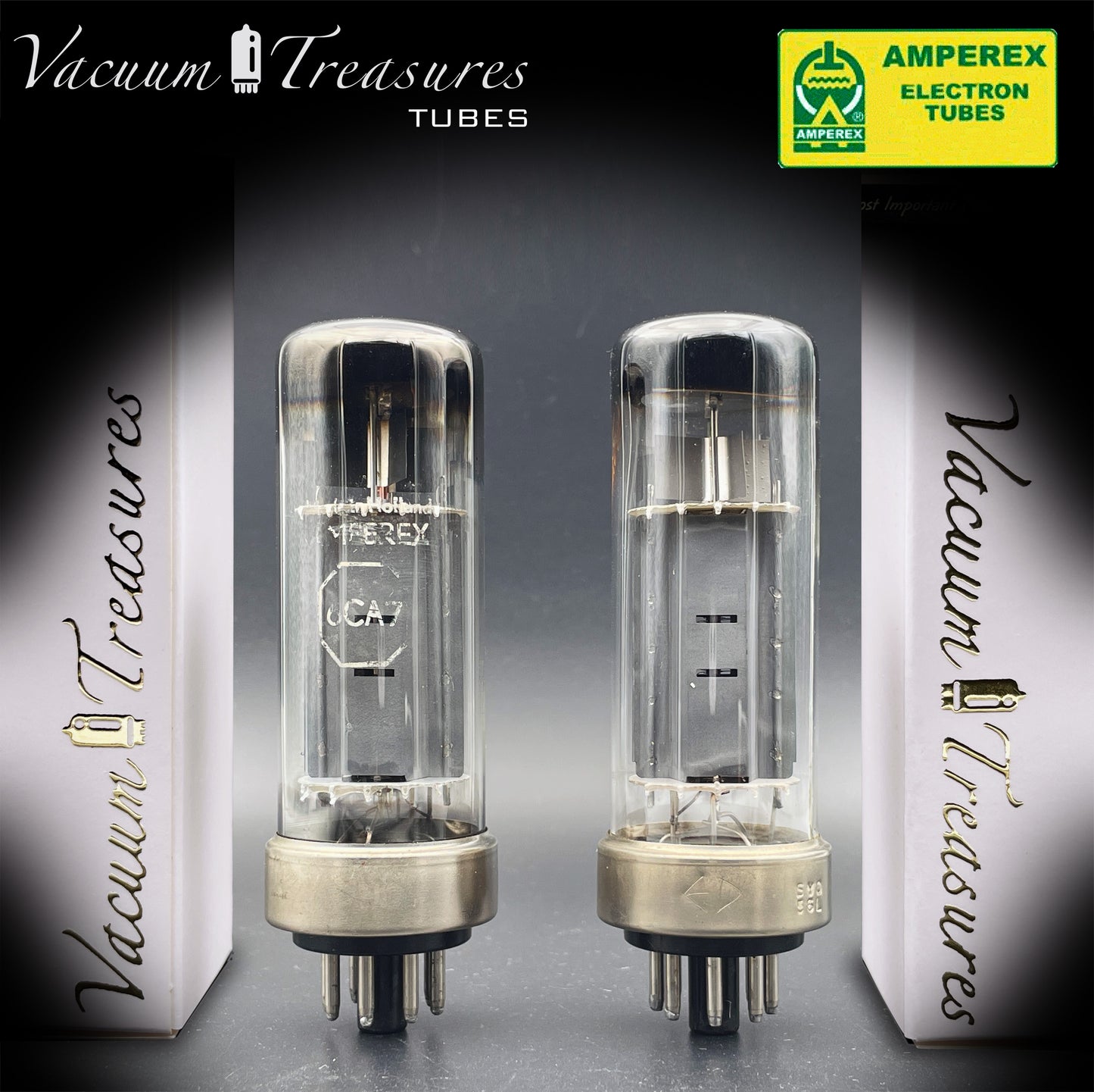 6CA7 EL34 AMPEREX by PHILIPS Eindhoven Metal Base ’55 One-Piece Disc Getter Matched Pair Amplitrex Tested Curves Included