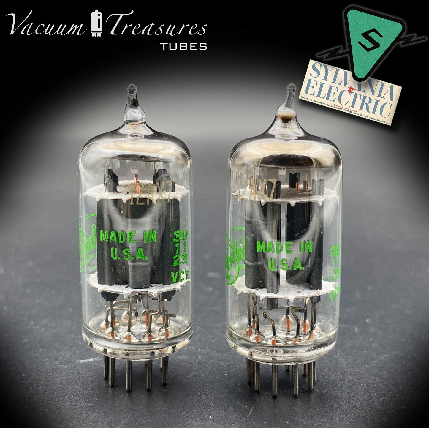 12AX7 ECC83 Baldwin by SYLVANIA – Matched Pair – Long Gray Plates Halo Getter USA 1959