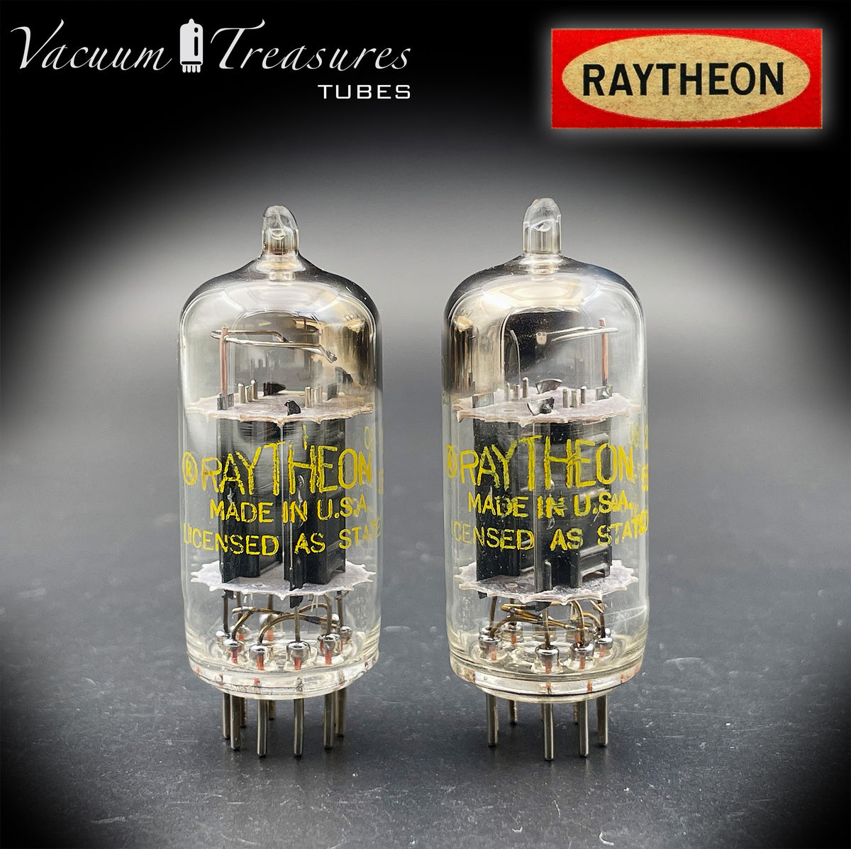 12AU7 / ECC82 RAYTHEON Matched Pair Long Black Plate Square Getter Tested Tubes USA '57