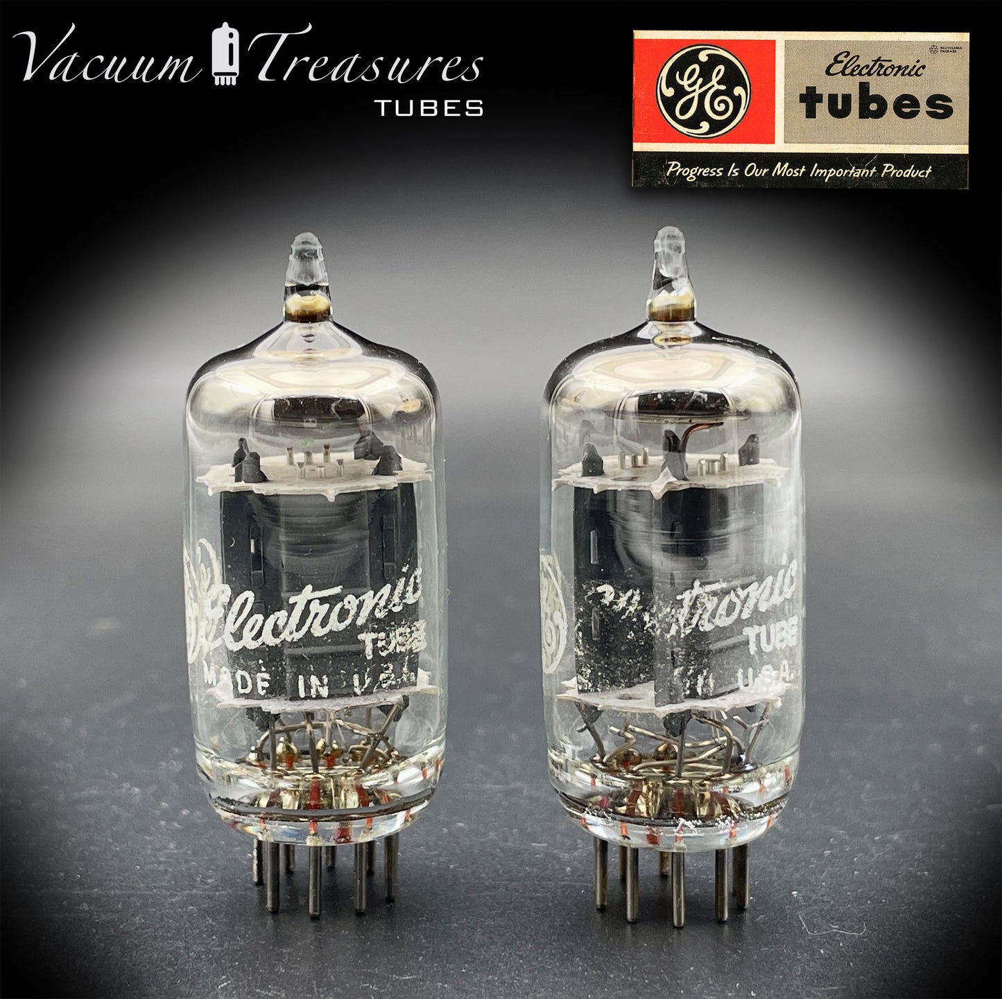 5963 / 12AU7 / ECC82 GE NOS Matched Pair - Long Gray Plates - AMPLITREX Tested - Made in USA