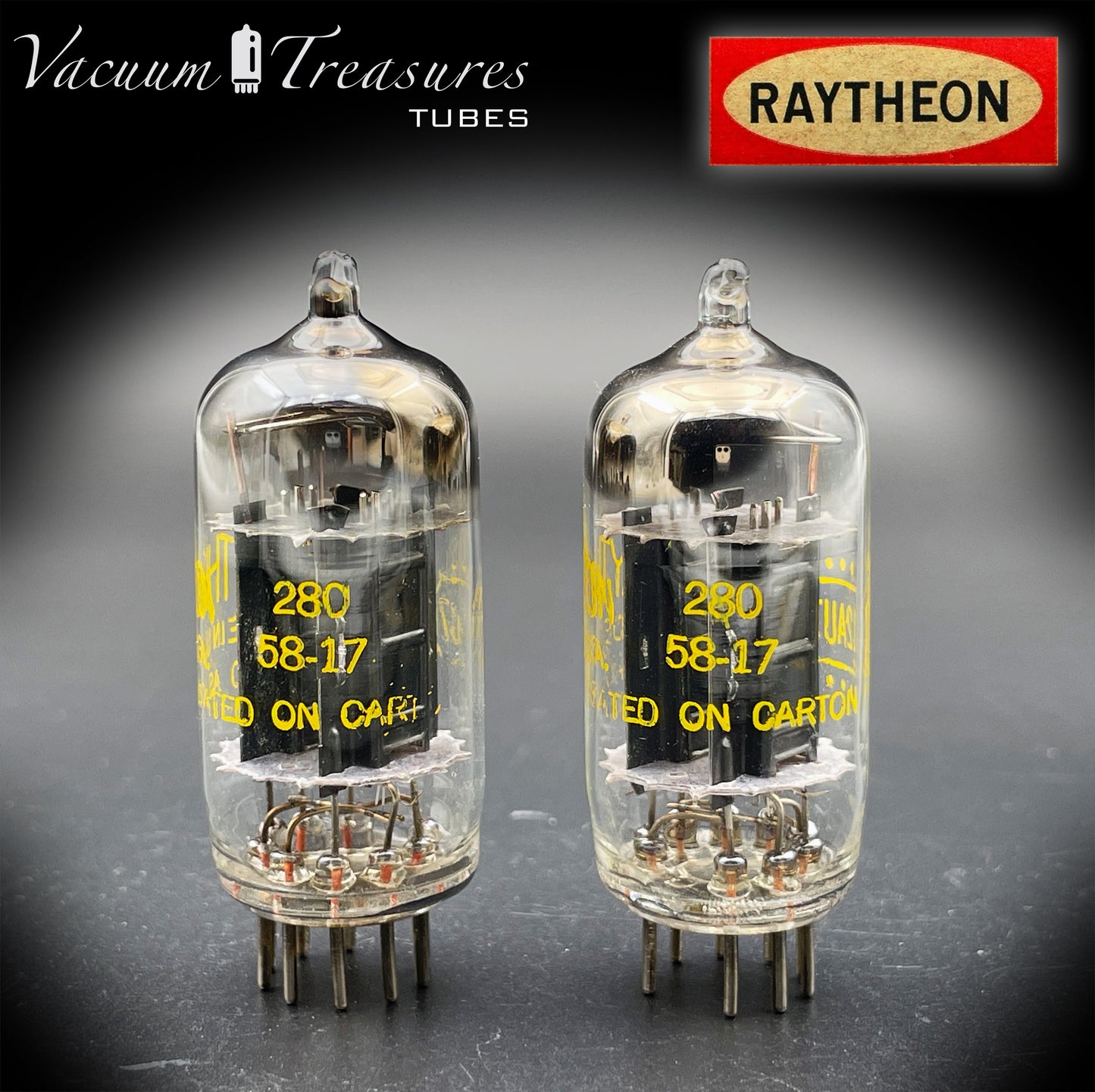 12AU7 ECC82 RAYTHEON Matched Pair Long Black Plates Square Getter Tubes USA '58