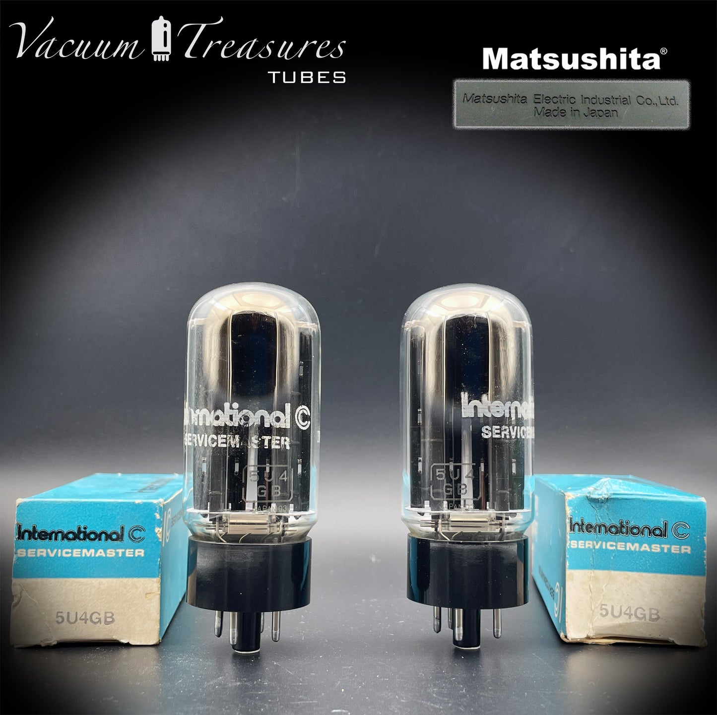 5U4GB 5AS4A NOS NIB MATSUSHITA/International Black Plates Matched Pair Tubes Top Side Halo Getter Rectifiers Made in JAPAN – Same Factory Code