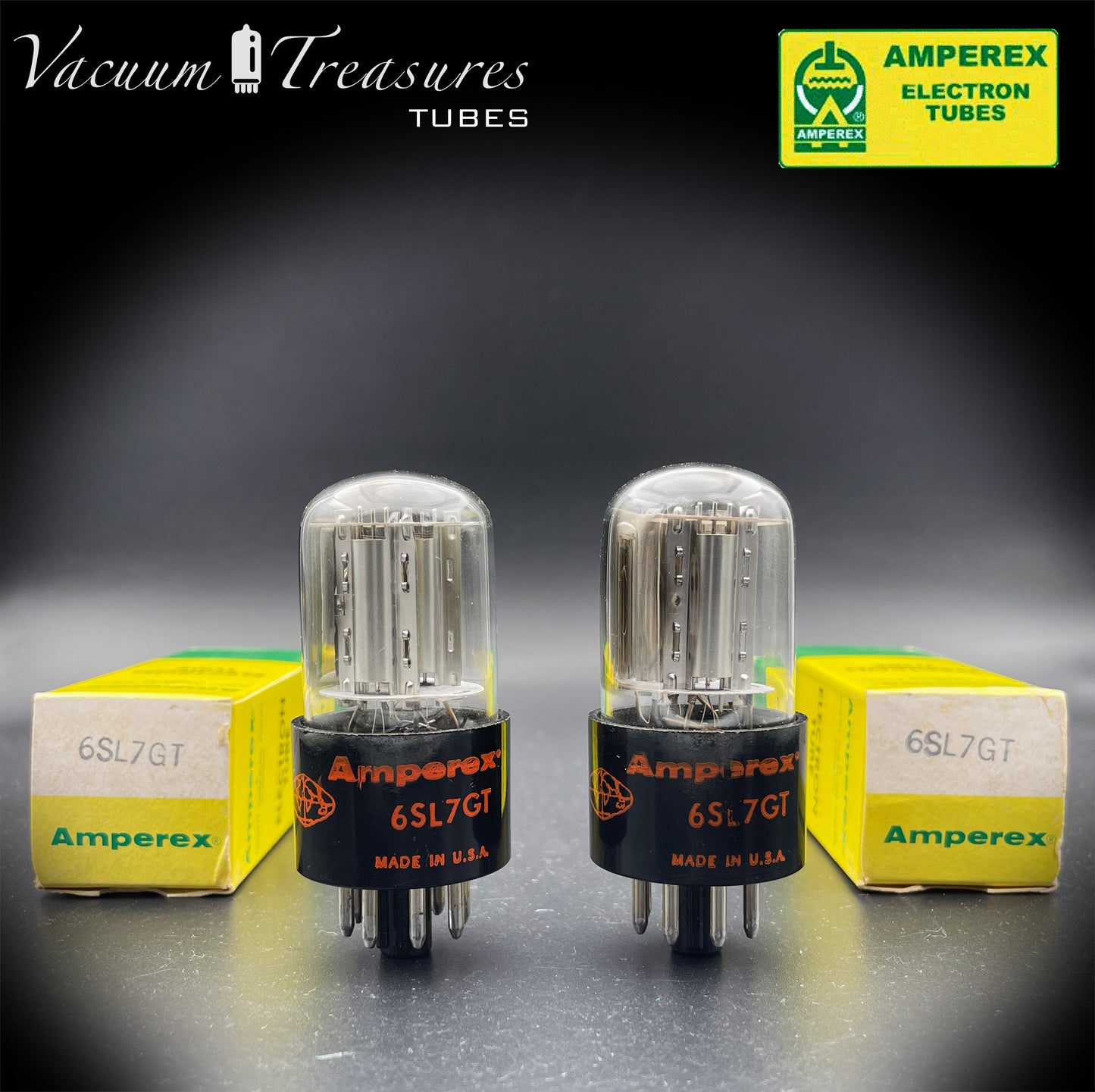 6SL7GT AMPEREX GLOBE Matched Pair Silver Plates Side Halo Getter Tubes USA 60s