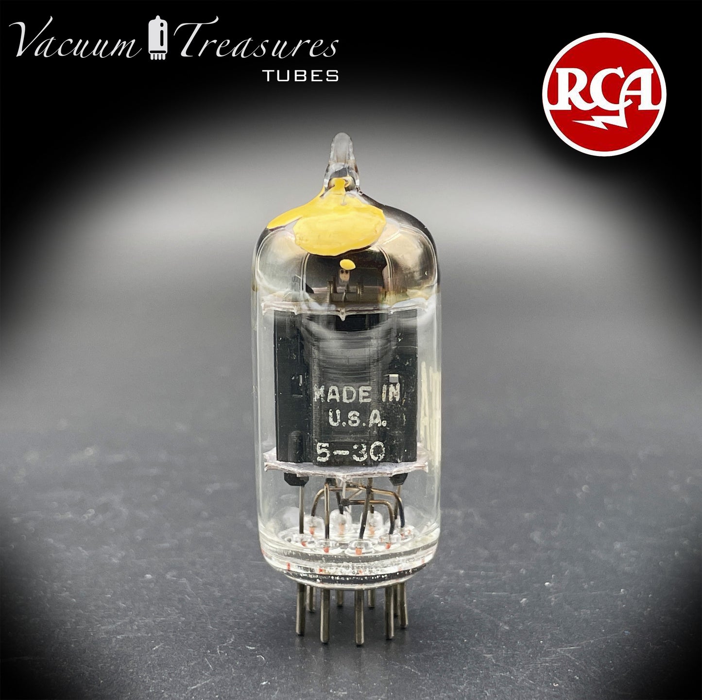 12AX7 ECC83 NOS RCA Long Black Plates Yellow Tip Square Getter Tested Tube USA 1955