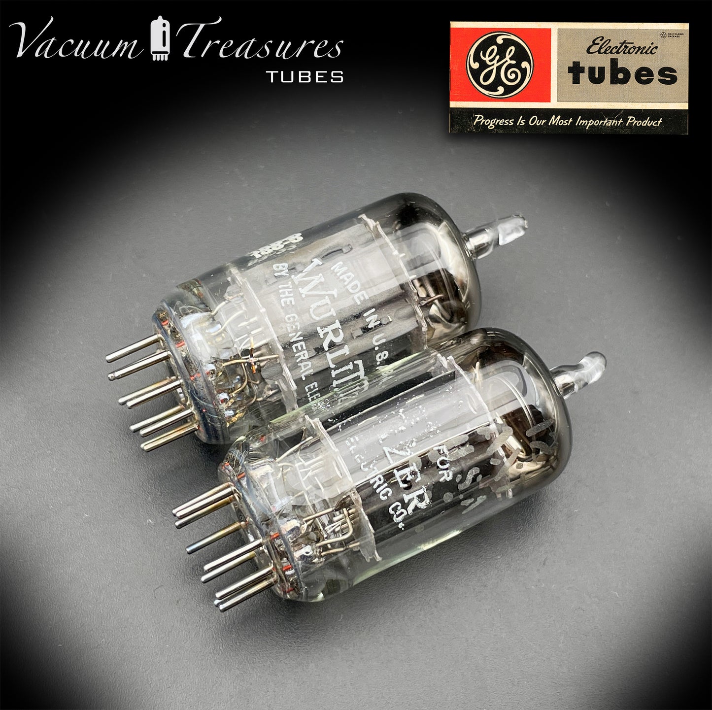 12AX7 / ECC83 Wurlitzer by GE Matched Pair Long Gray Plates Halo Getter Made in USA '63