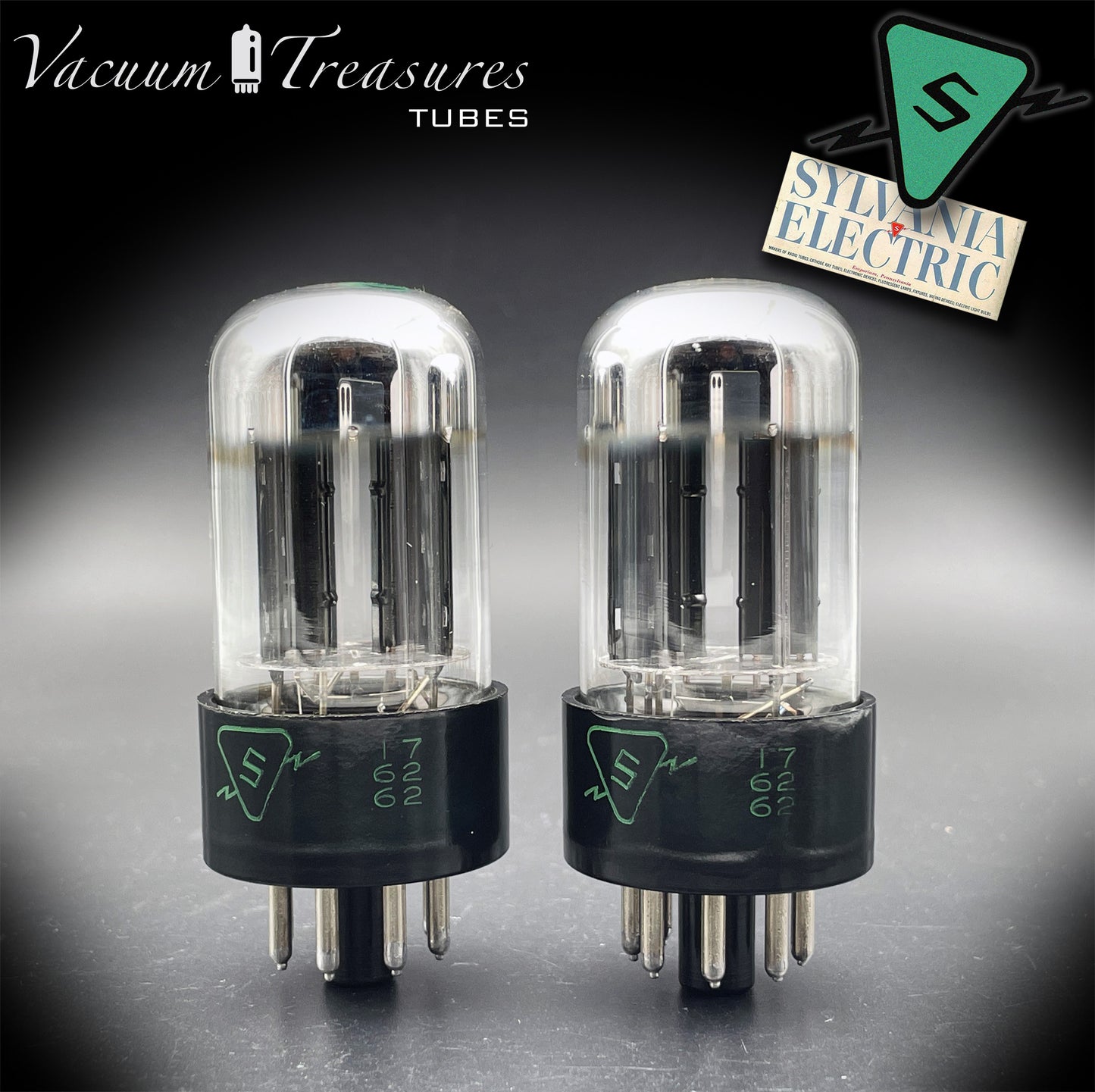 6SN7GTB NOS SYLVANIA CHROME TOP Green Dot Matched Pair Black Plates Tubes USA '50s