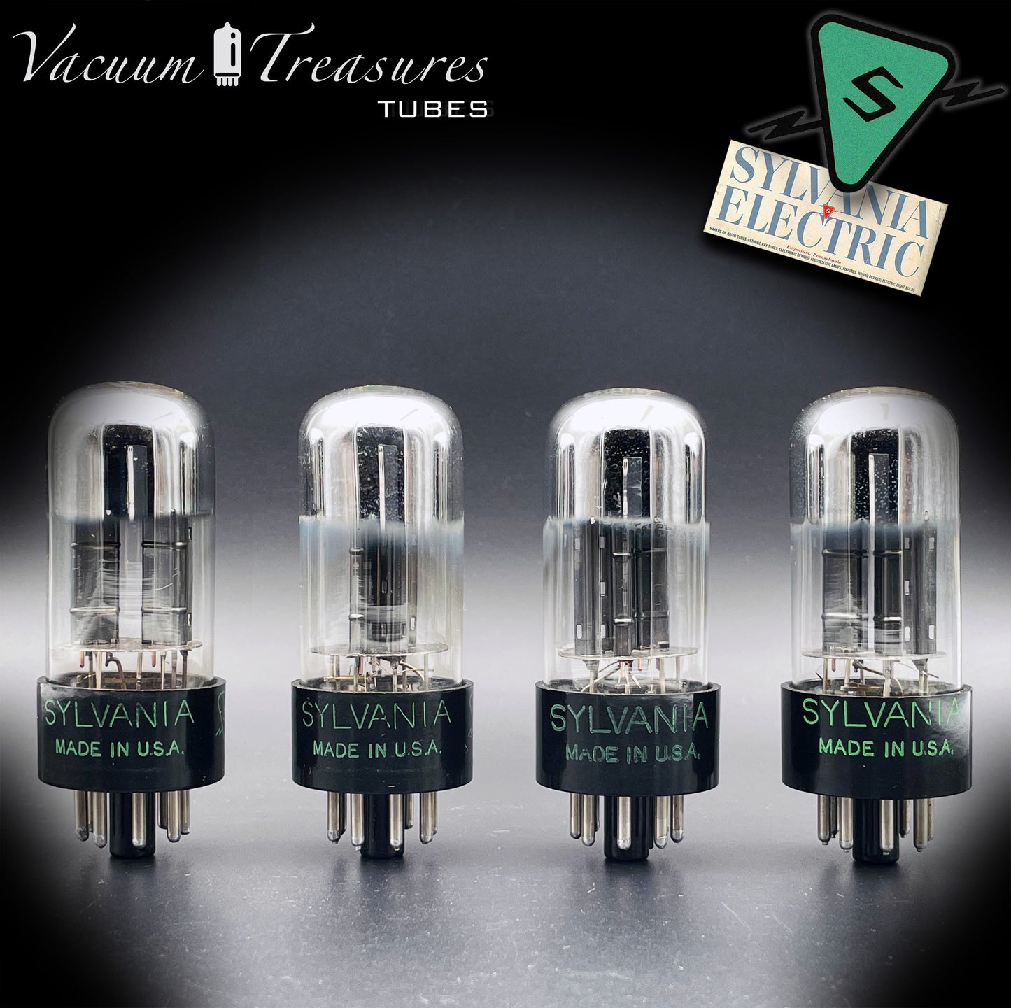 6SN7 GTA NOS Sylvania – Black Plates Tall Glass Matched Quad Tubes USA '56