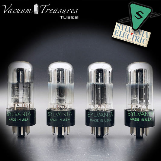 6SN7 GTA NOS Sylvania – Black Plates Tall Glass Matched Quad Tubes USA '56