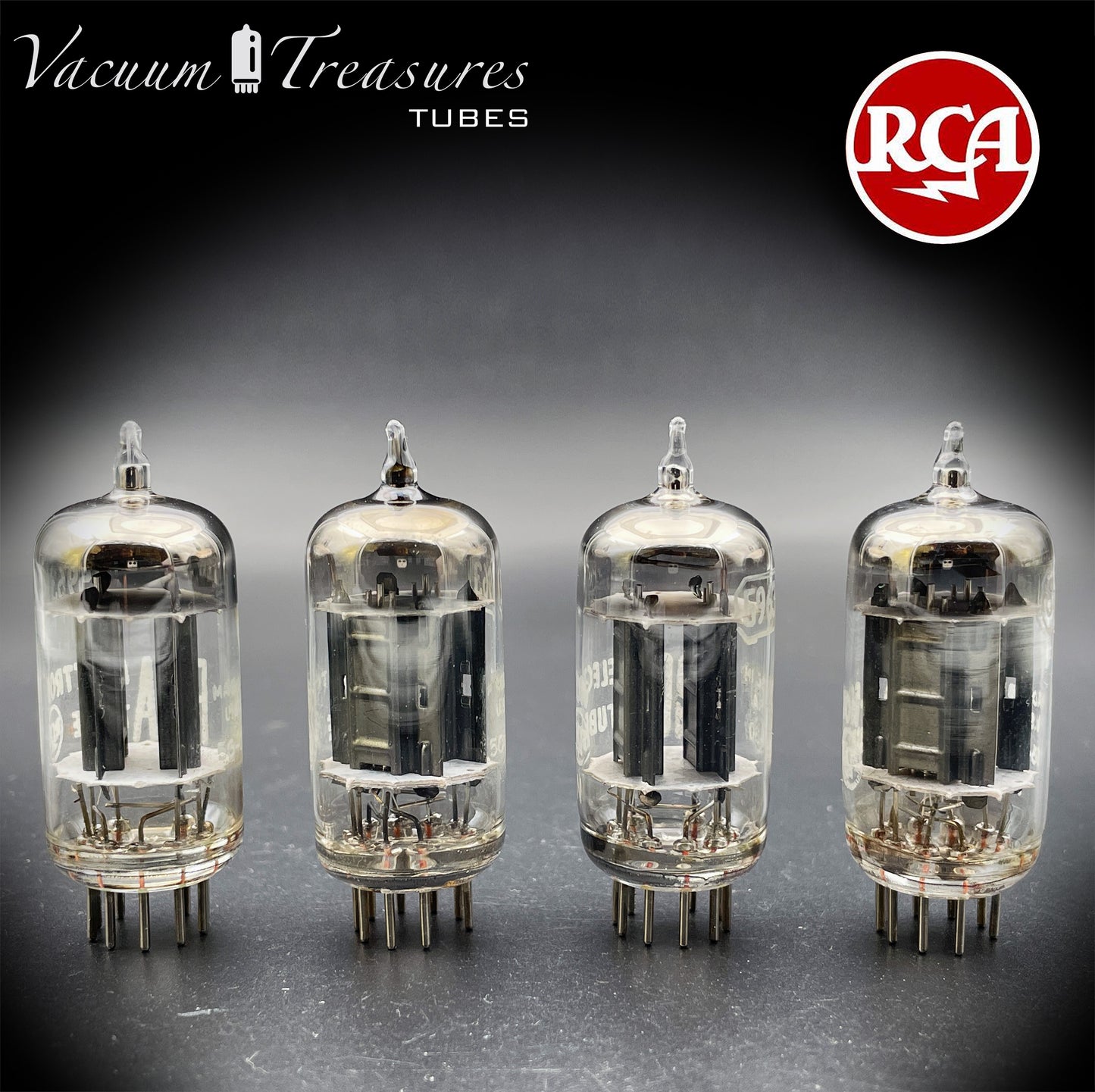 5963 ( 12AU7 ) RCA Matched Quad Long Black Plates Foil Getter AMPLITREX Tested