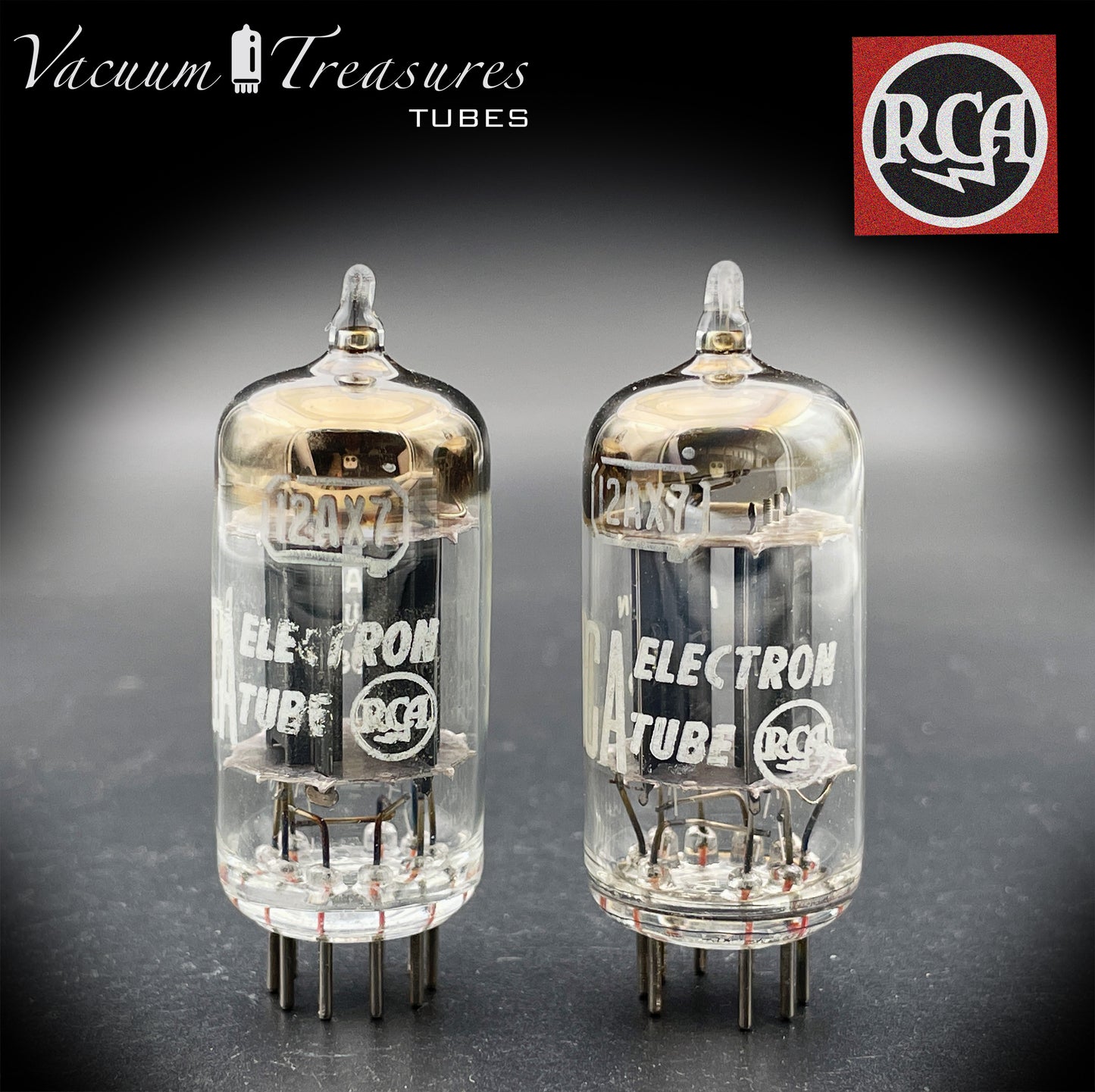 12AX7 / ECC83 RCA Matched Pair Long Black Plates Square Tilt getter Made in USA '58